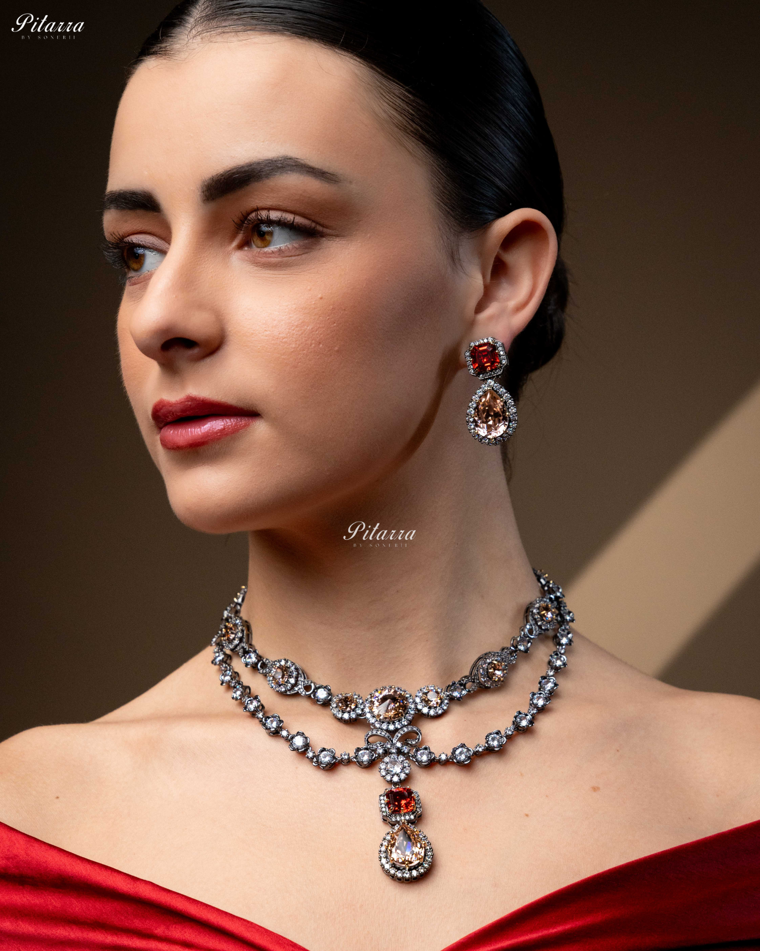 Multicolor Two Layer Silver CZ Victorian black polish Necklace Set