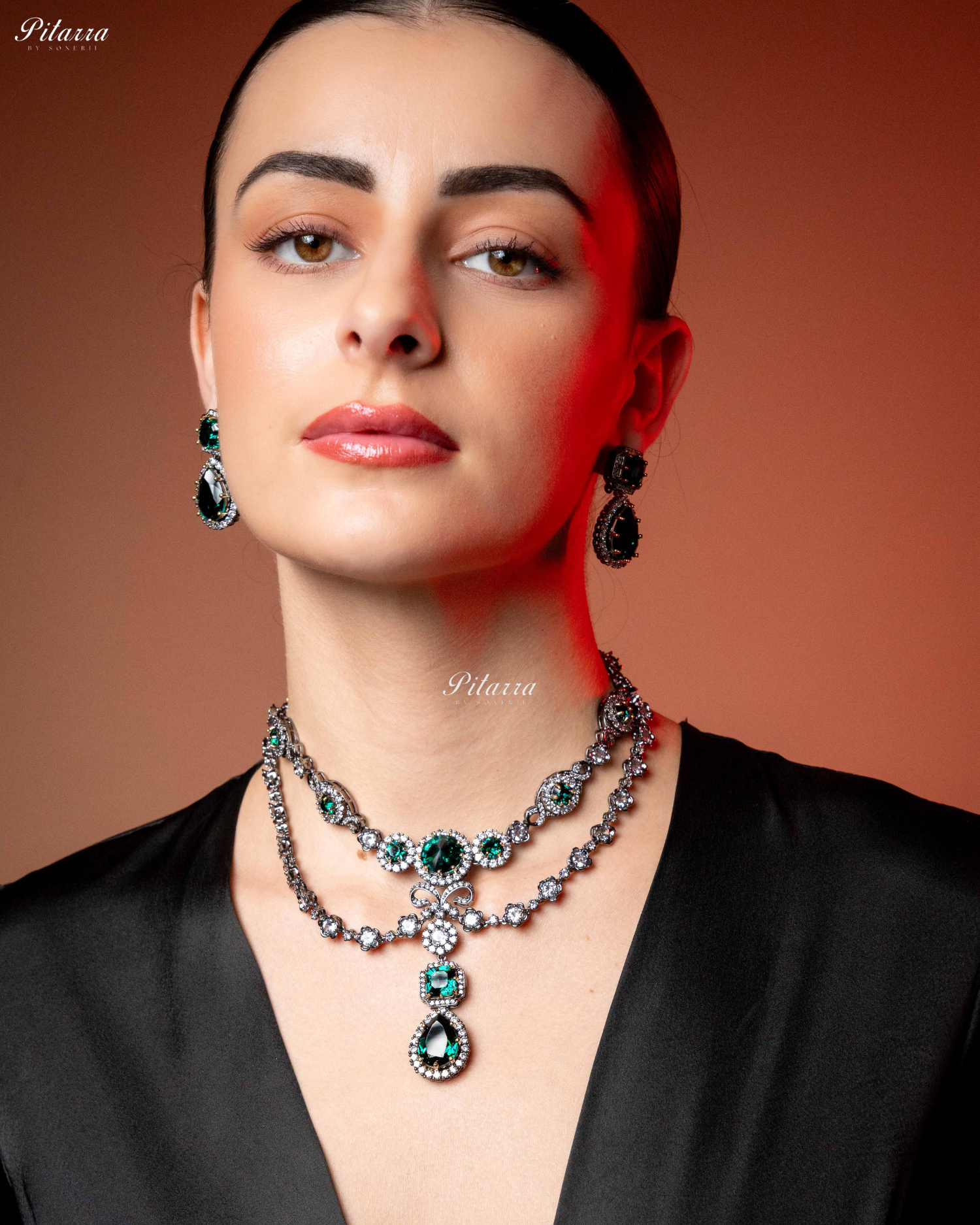 Emerald Two Layer Silver CZ victorian black polish Necklace Set