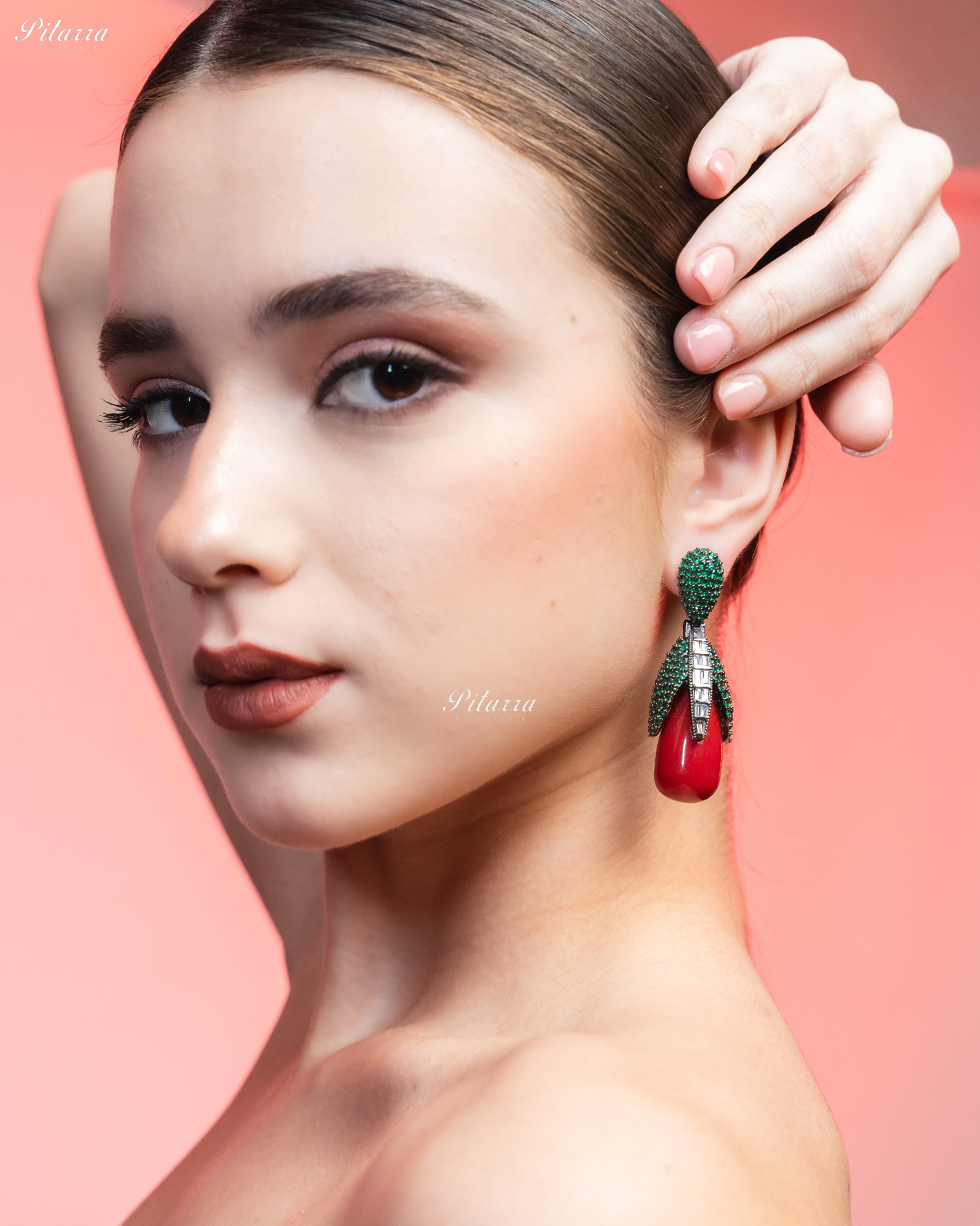 Emerald Leaf Red Teardrop CZ Crystal Earrings
