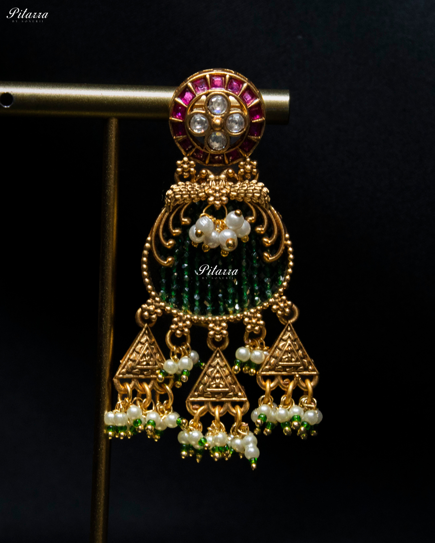 Pink Tone Emerald Detailing Golden Peacock Kundan Necklace Set