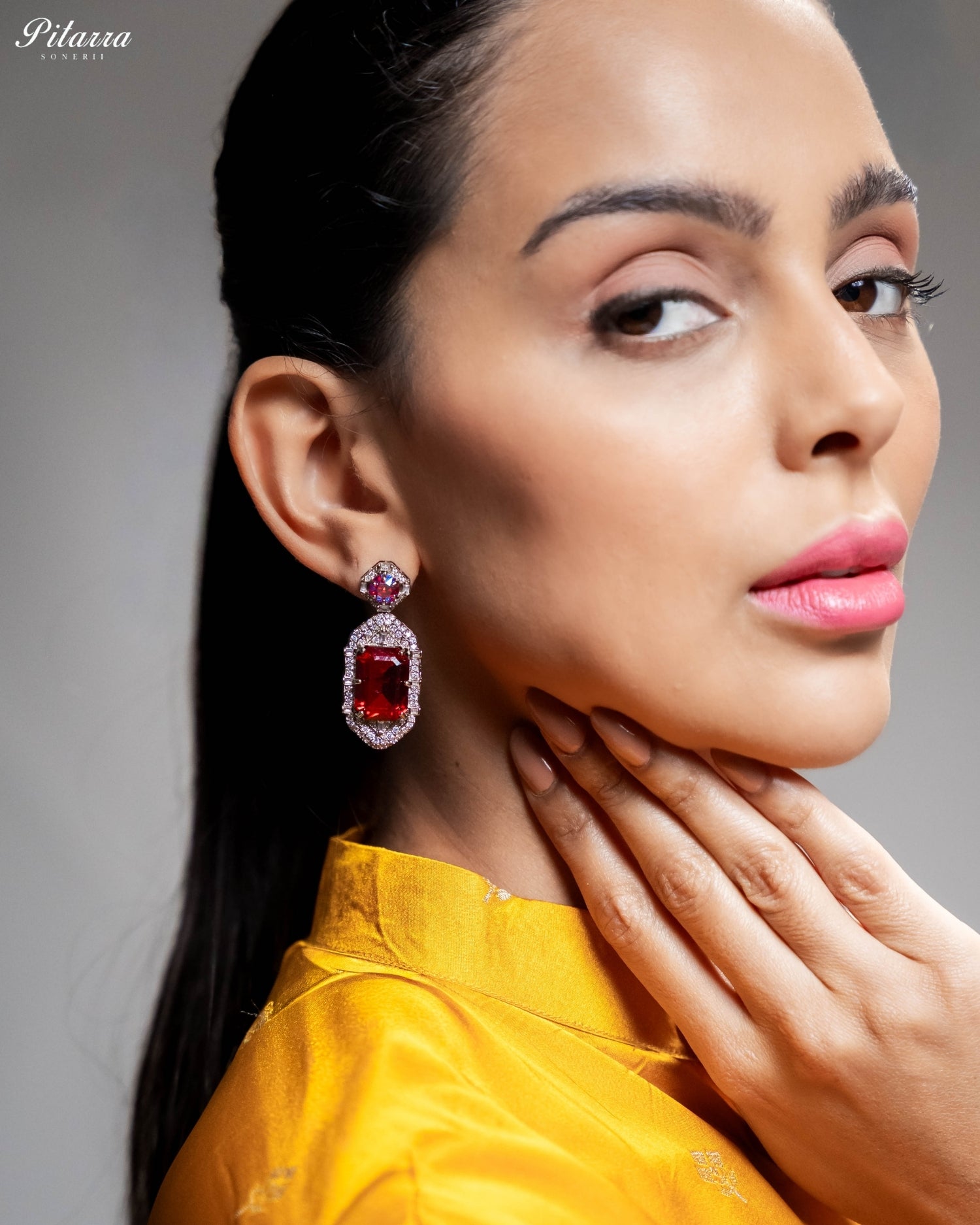 Red Emerald Cut Diamond Halo Statement Drop Earrings