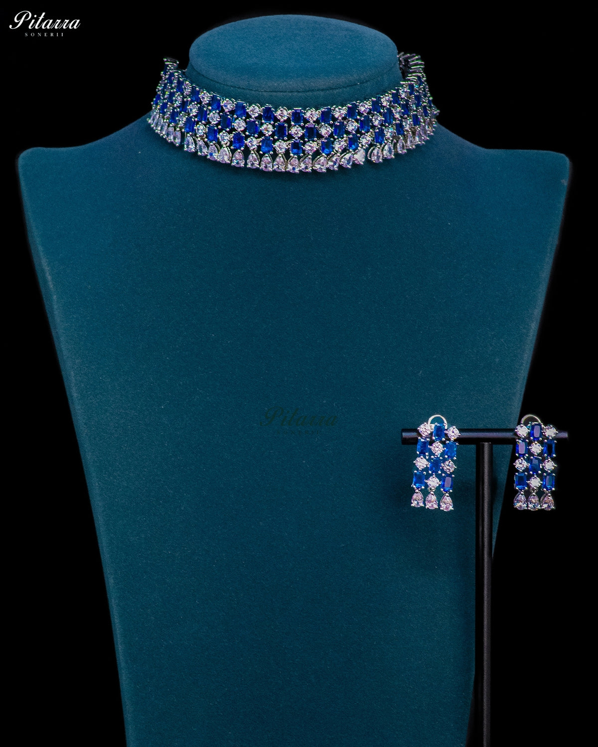 Royal Blue Emerald Cut Stone Zircon Silver Crystal Choker Necklace Set