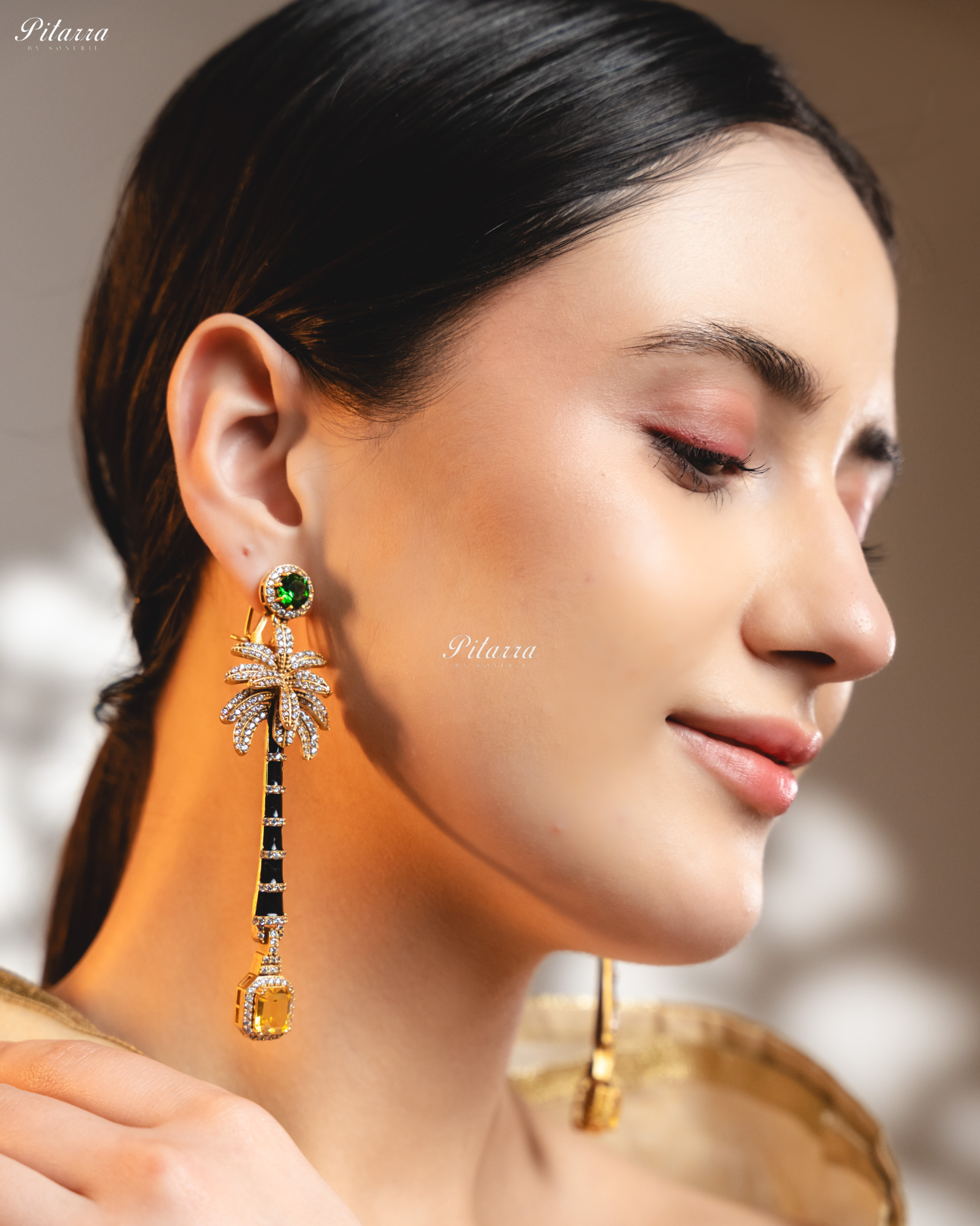 Green and Yellow Stone Palm Tree Crystal Earrings