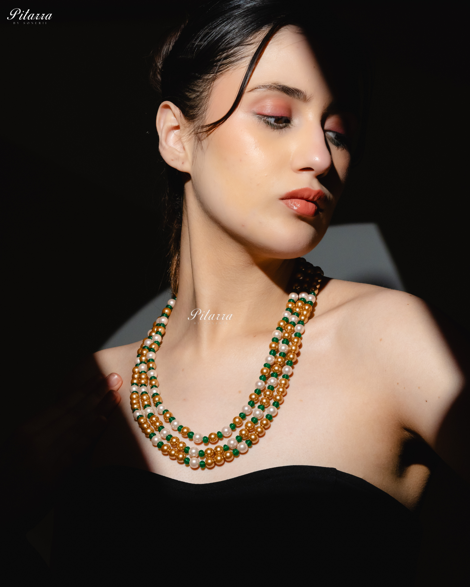 Three Layer Multi Color Pearl Studed Necklace
