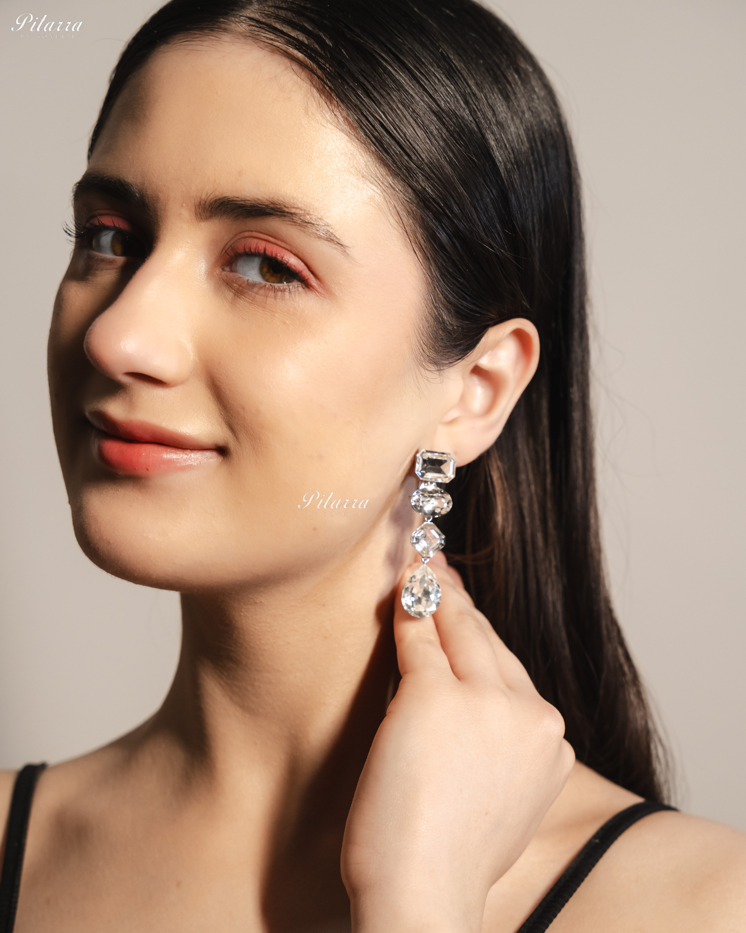 White Stone Studded Geometric Crystal Drop Earrings - Done
