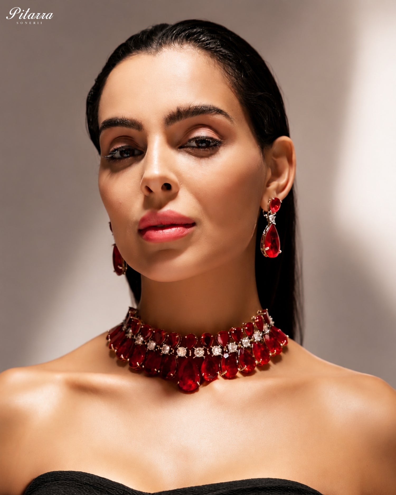 Ruby Red Crystal Statement Choker Necklace Set