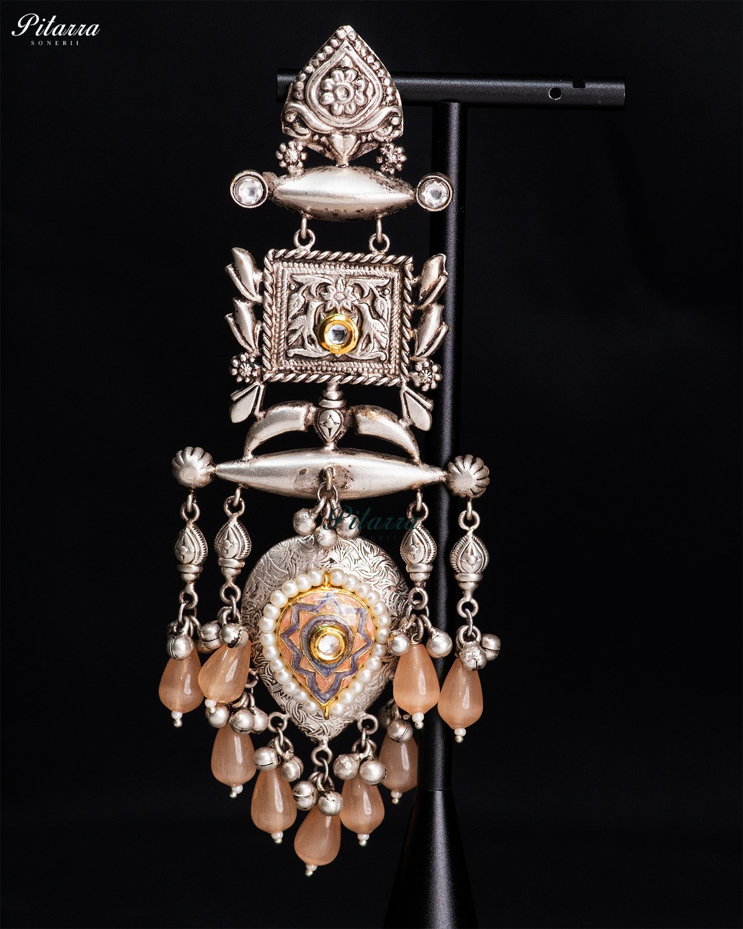 Peach Stone Silver Look-Alike Heritage Statement Earrings