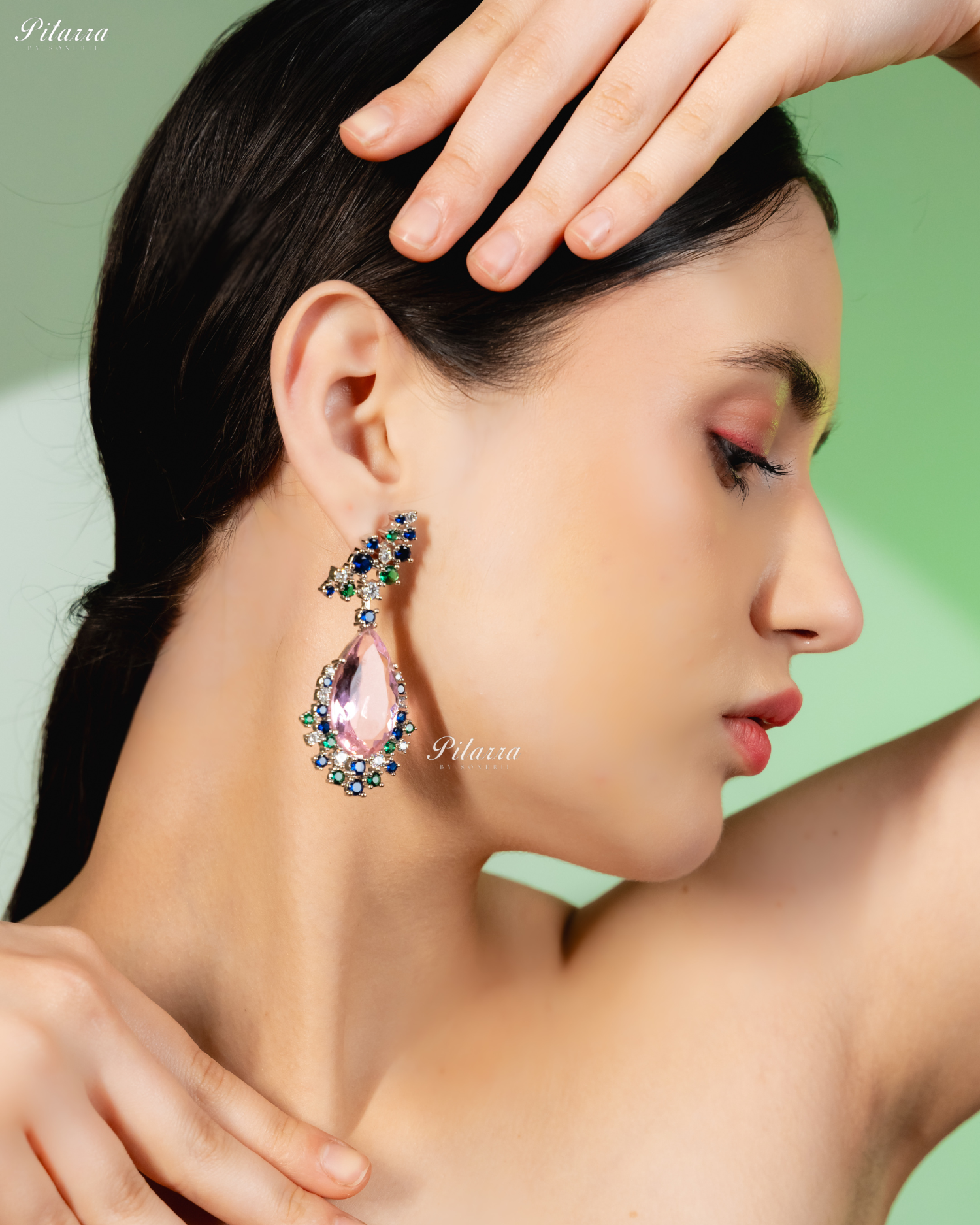 Pink Stone Sparkling Sliver Line Crystal Earrings