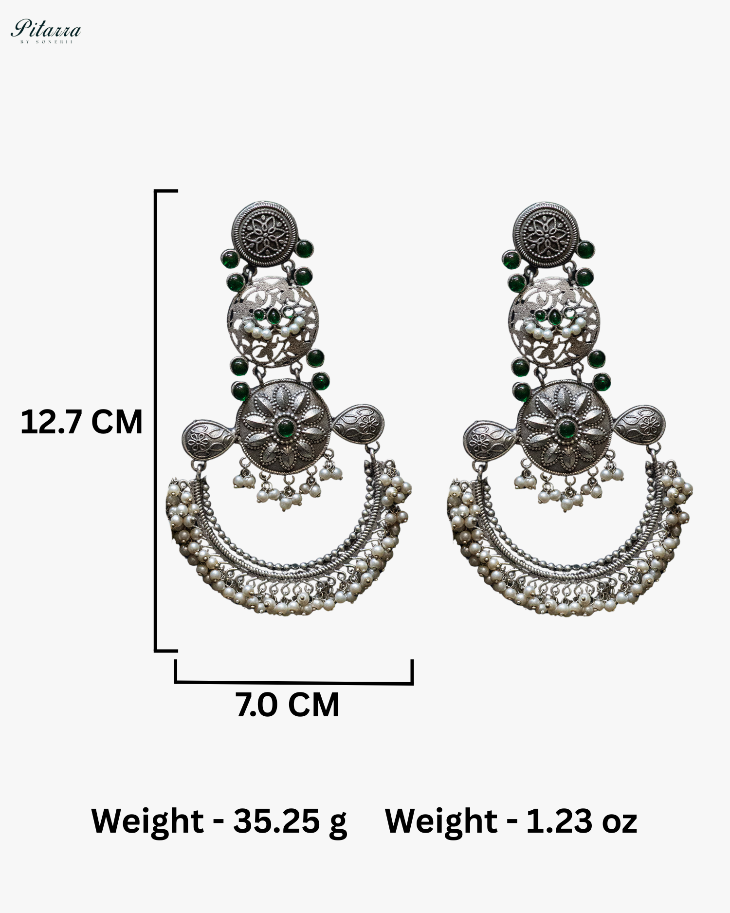 Dark Green Stone Flora Motif Silver Look Alike Dangler Earrings