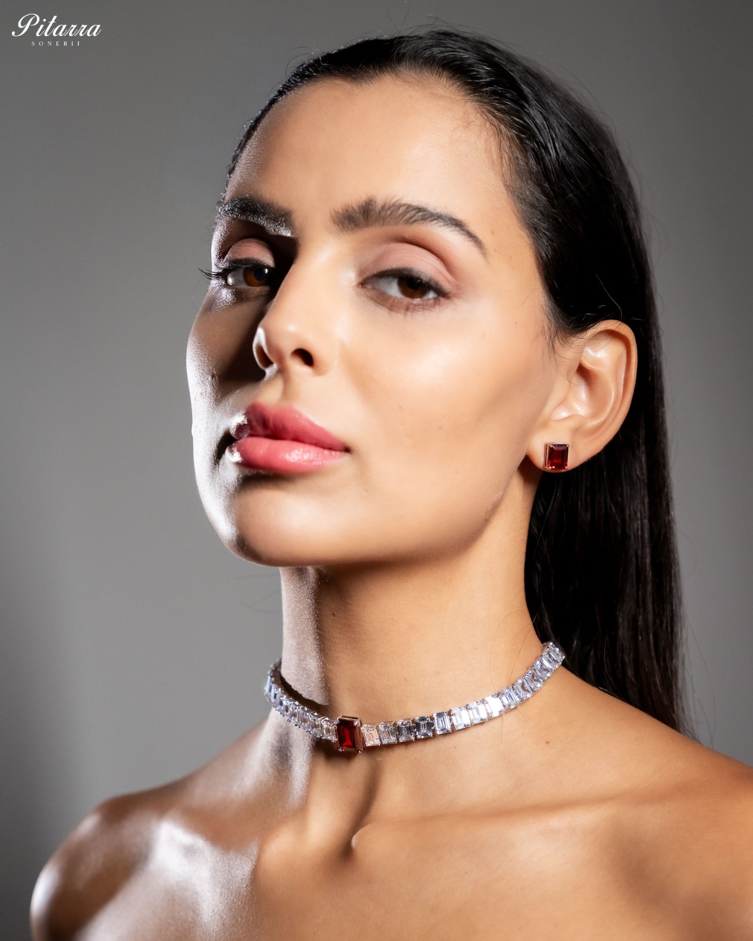Red Diamond Baguette Cut Tennis Choker Necklace Set