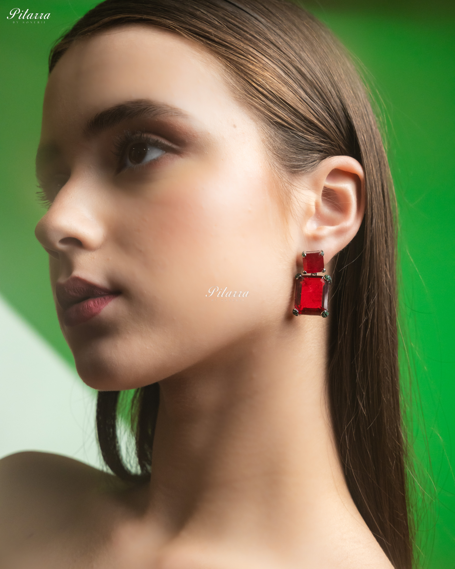 Ruby Red Stone Square 92.5 Silver Stud Earrings