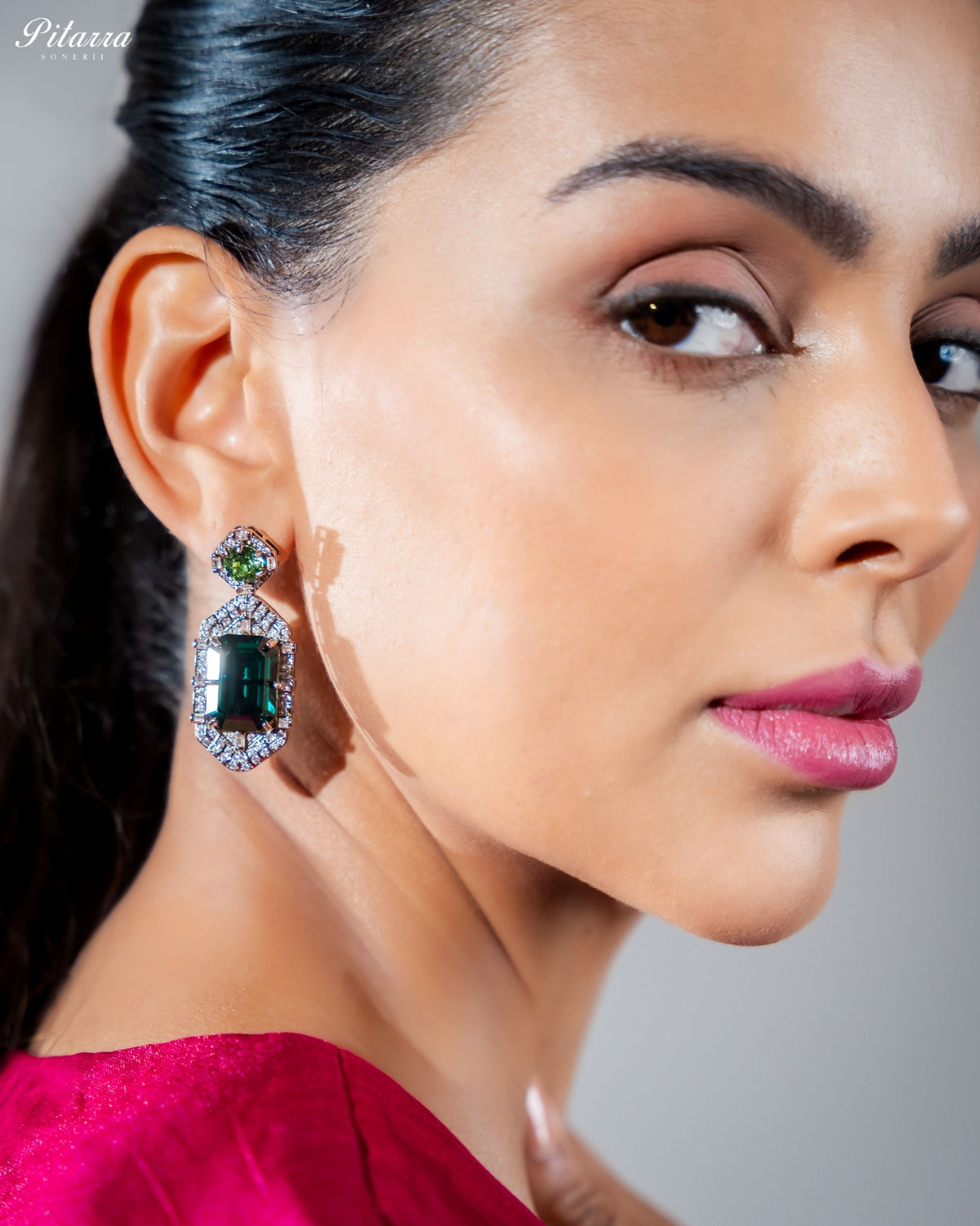Teal Green Emerald Cut Diamond Halo Statement Drop Earrings