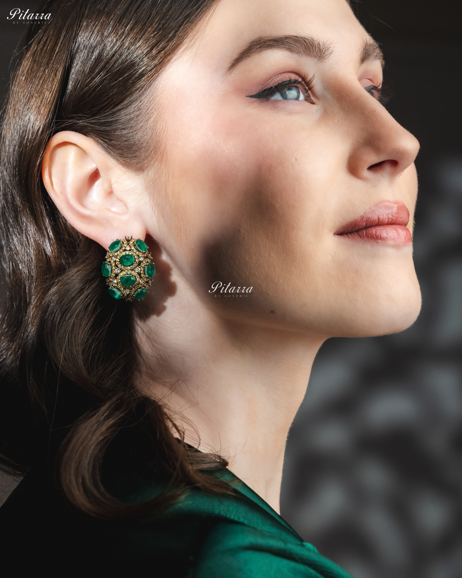 Emerald Stone Golden Crystal Stud Earrings