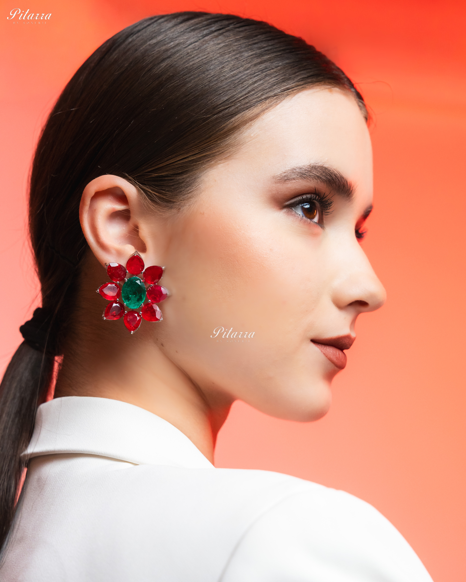 Emerald Floral Red Petals CZ Doublet Stud Earrings