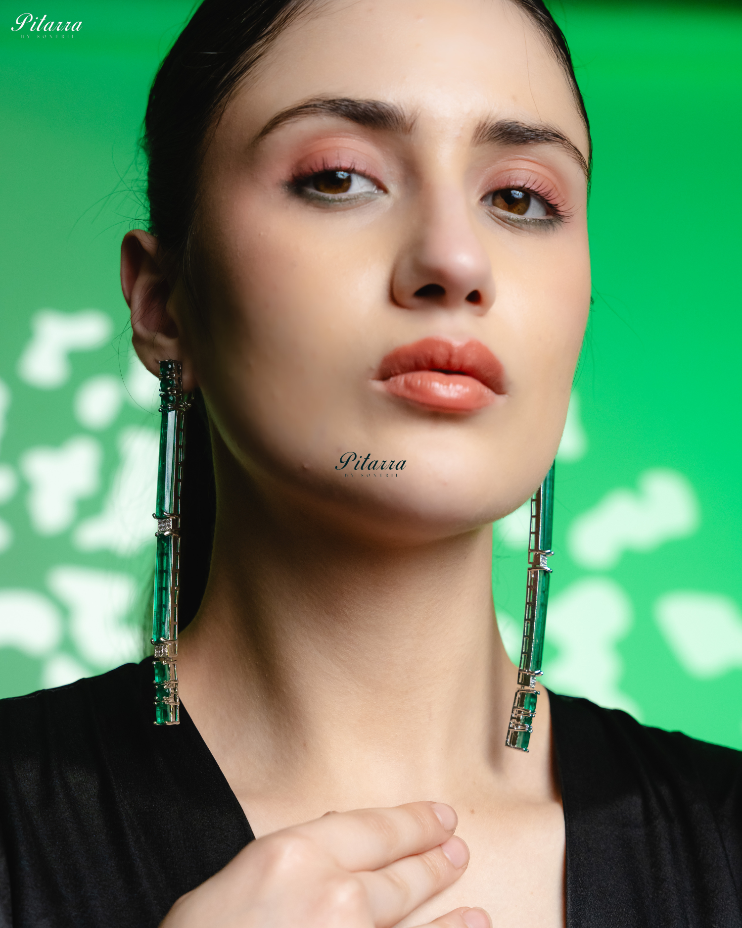 Emerald Stone Linear Long Doublet Drop Earrings