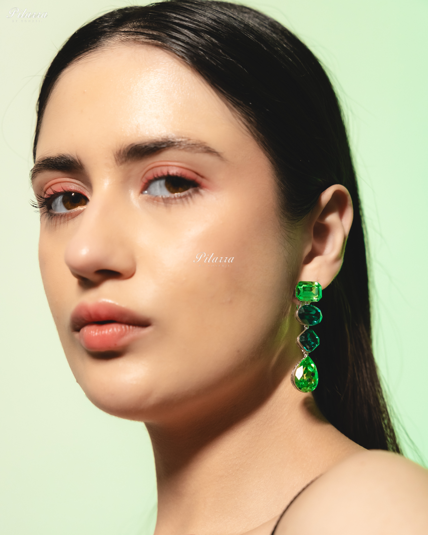 Green Emerald Stone Studded Geometric Crystal Drop Earrings