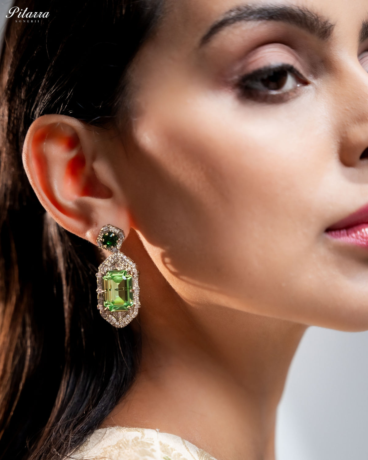 Green Tourmaline Emerald Cut Diamond Halo Drop Earrings