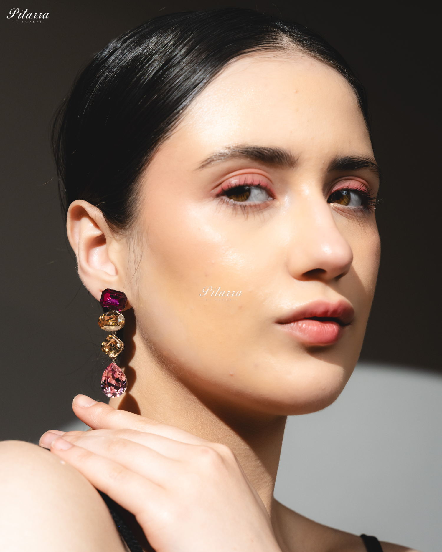 Pink Yellow Stone Studded Geometric Crystal Drop Earrings