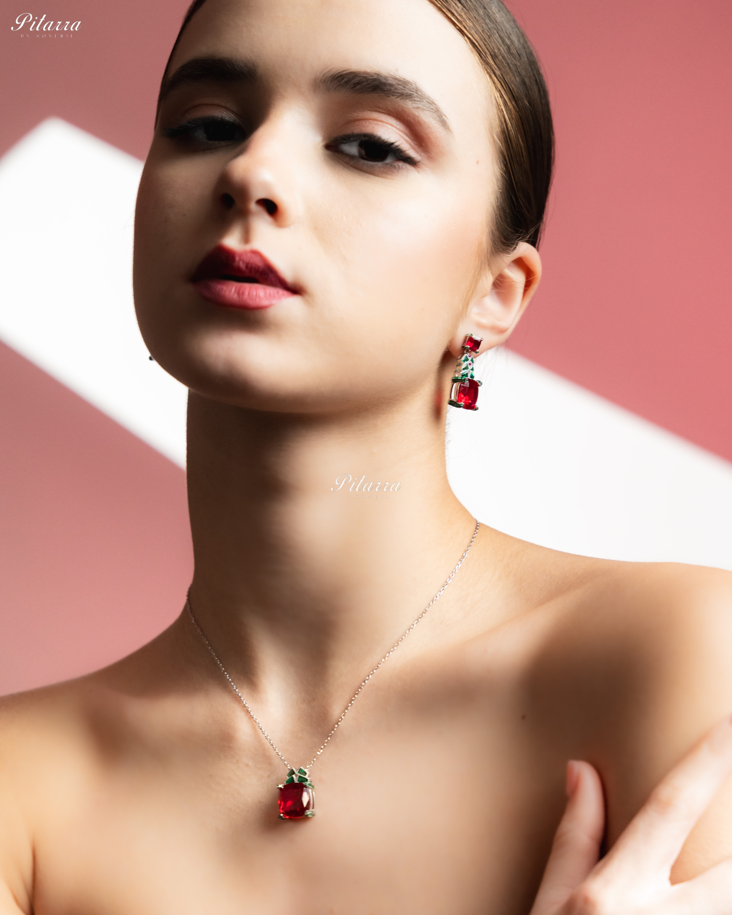 Ruby Red 92.5 Silver Plated Chain Pendent Necklace Set