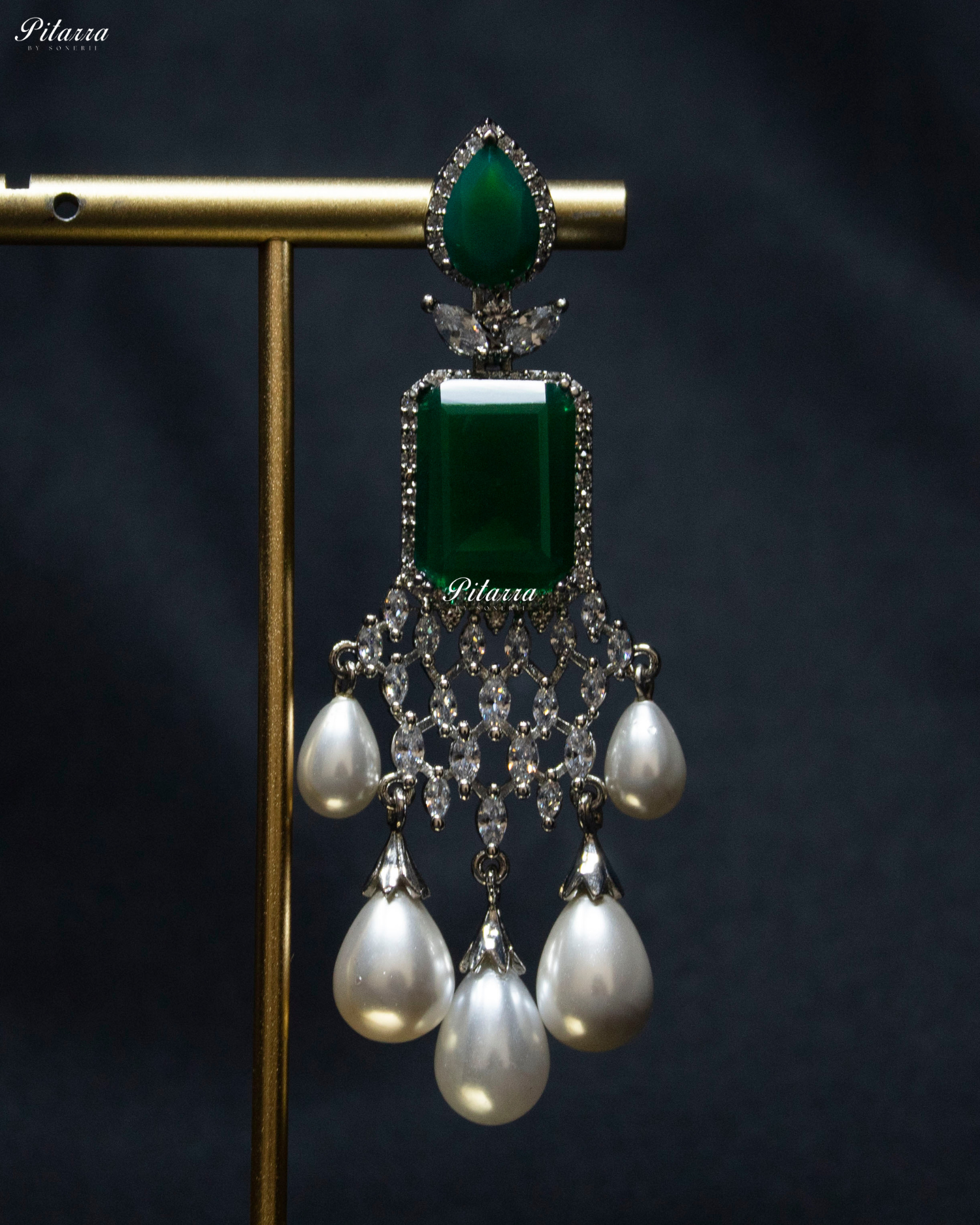 Emerald Stone Multi Layered Pearl Long Necklace Set