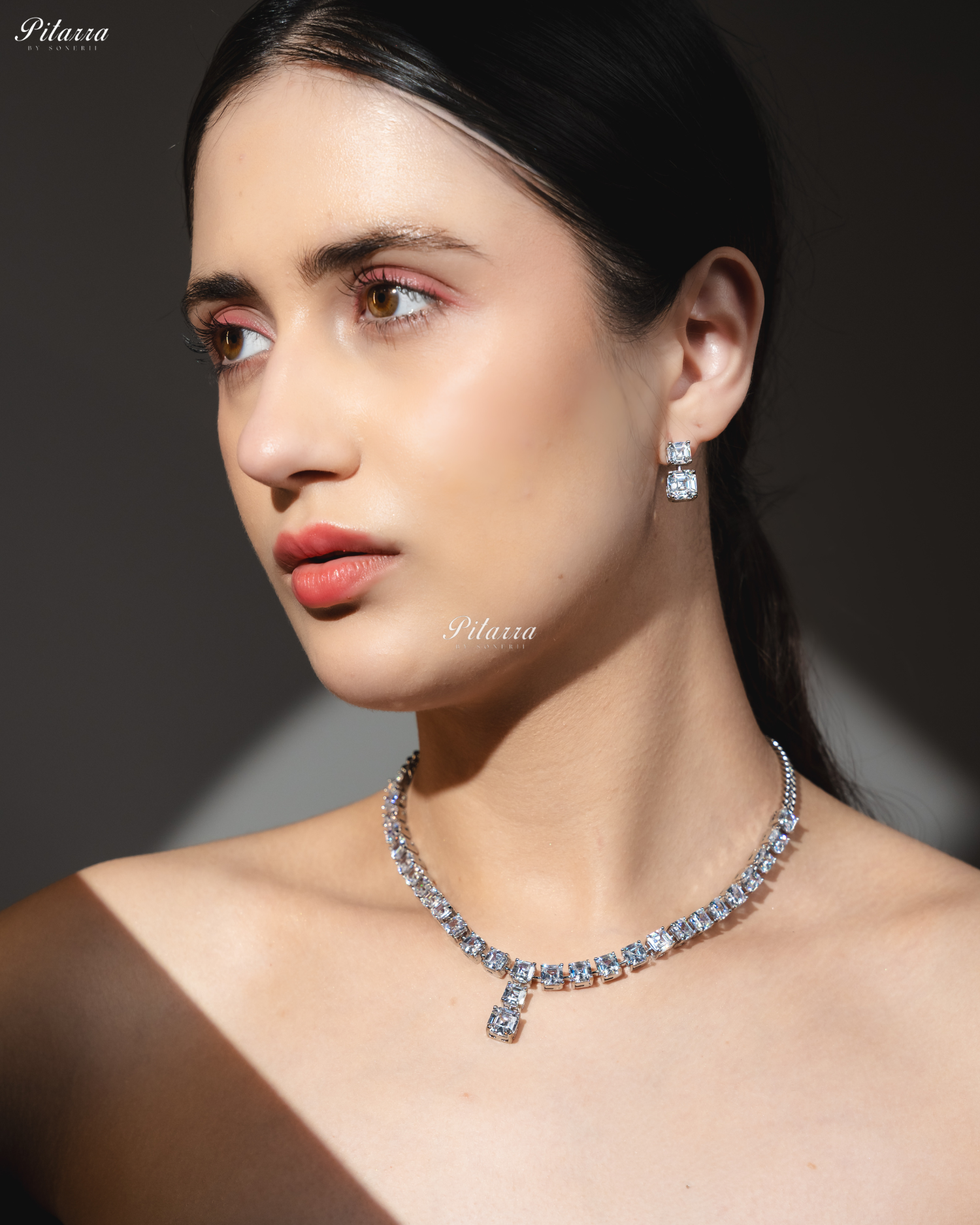 White Tone One Layer Square Drop Statement Necklace Set