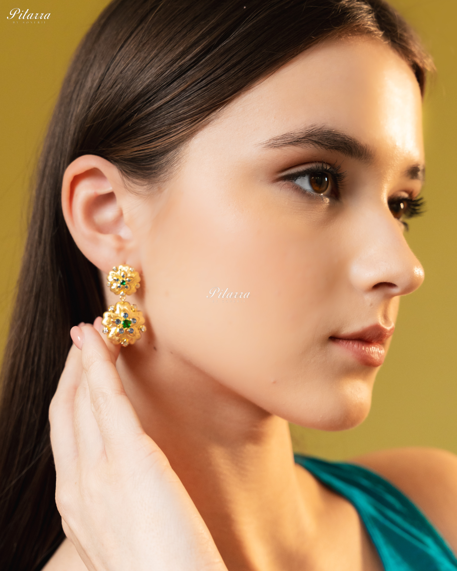 Gold Floral Green Stone 92.5 Silver Dangler Earrings