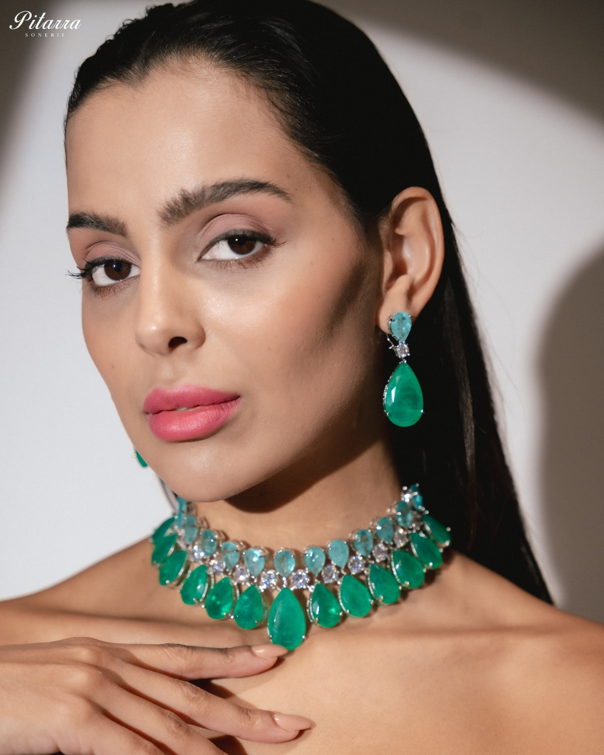 Aqua Green & Light Aqua Blue Crystal Statement Choker Necklace Set