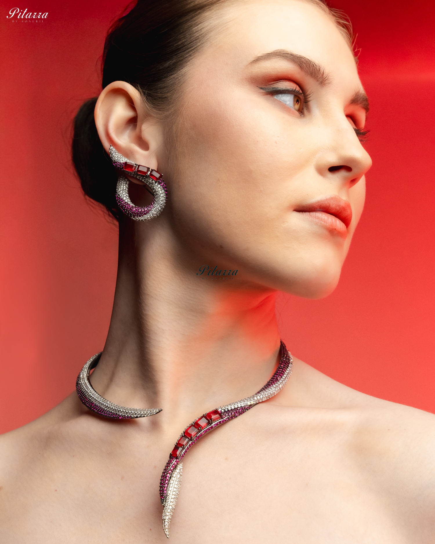 Red Stone Sleek CZ Choker Statement Necklace Set