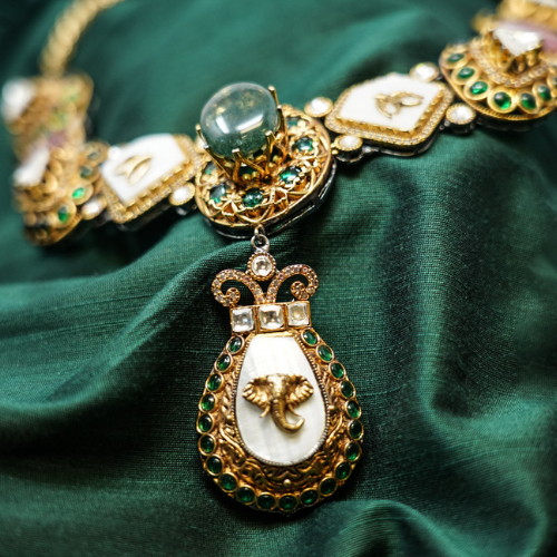 Ganesh Printed Green & White Necklace