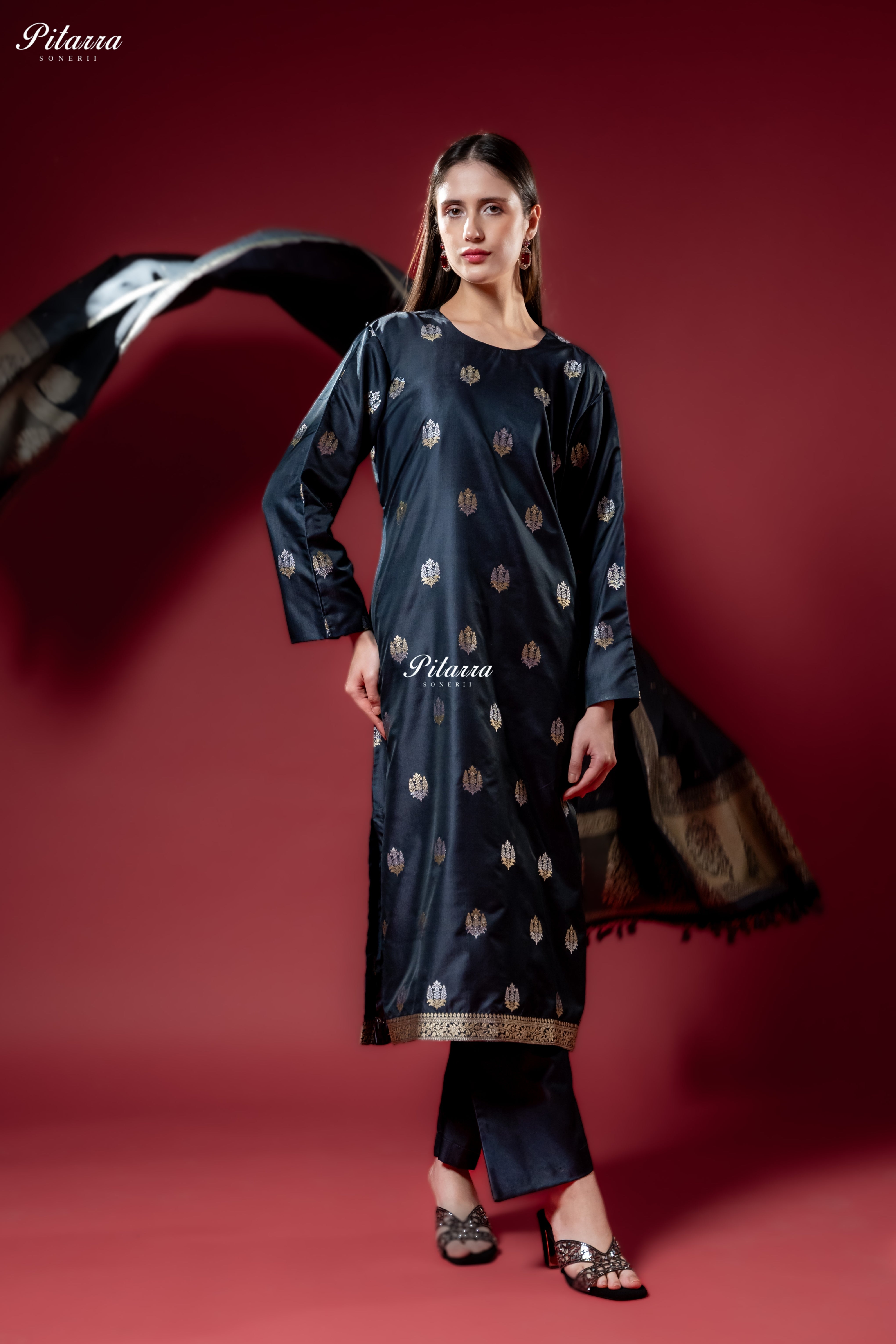 Navy Blue Gold Zari Butti Kurta Set with Dupatta