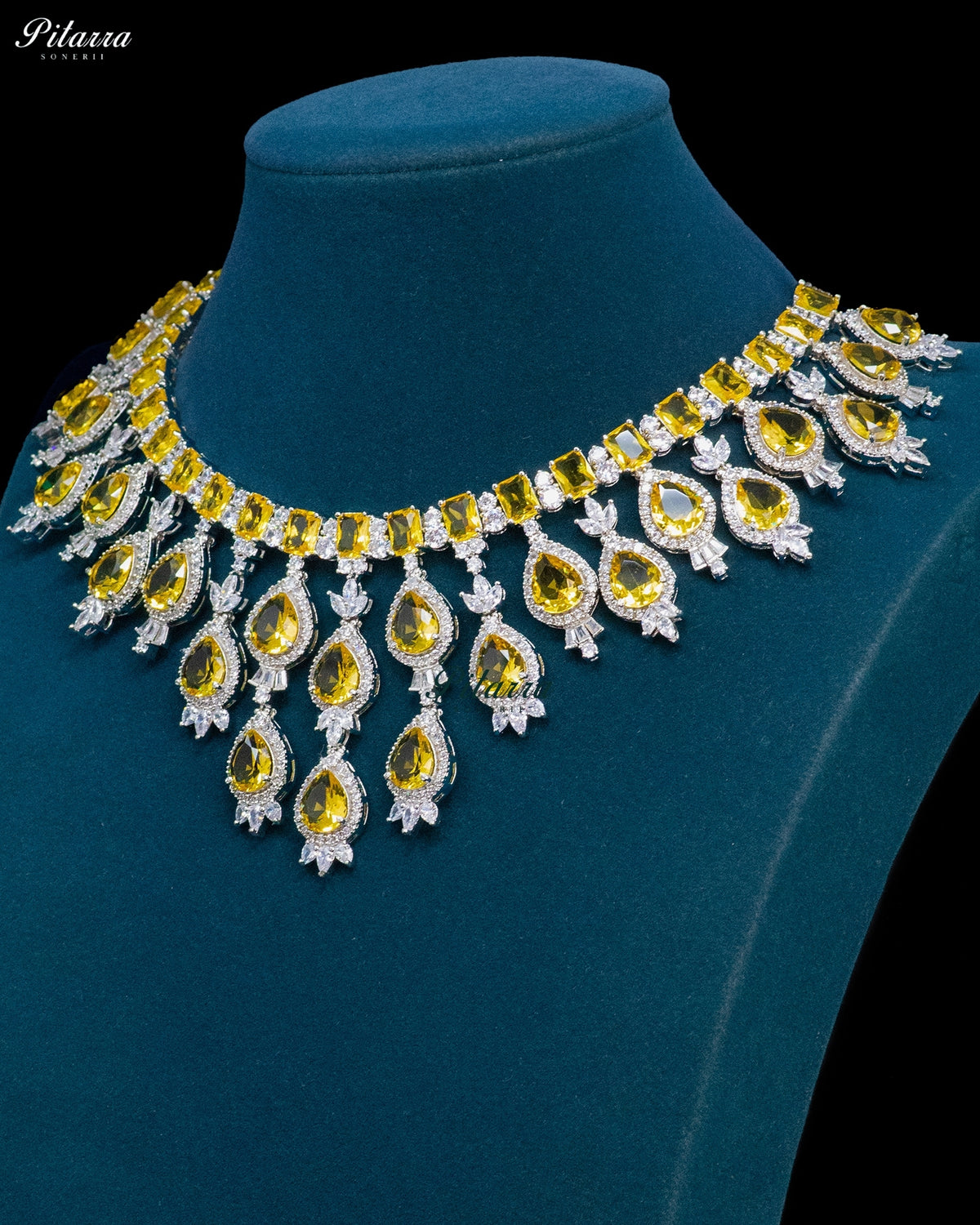 Citrine Yellow Pear Cut Stone Zircon Silver Crystal Drop Necklace Set