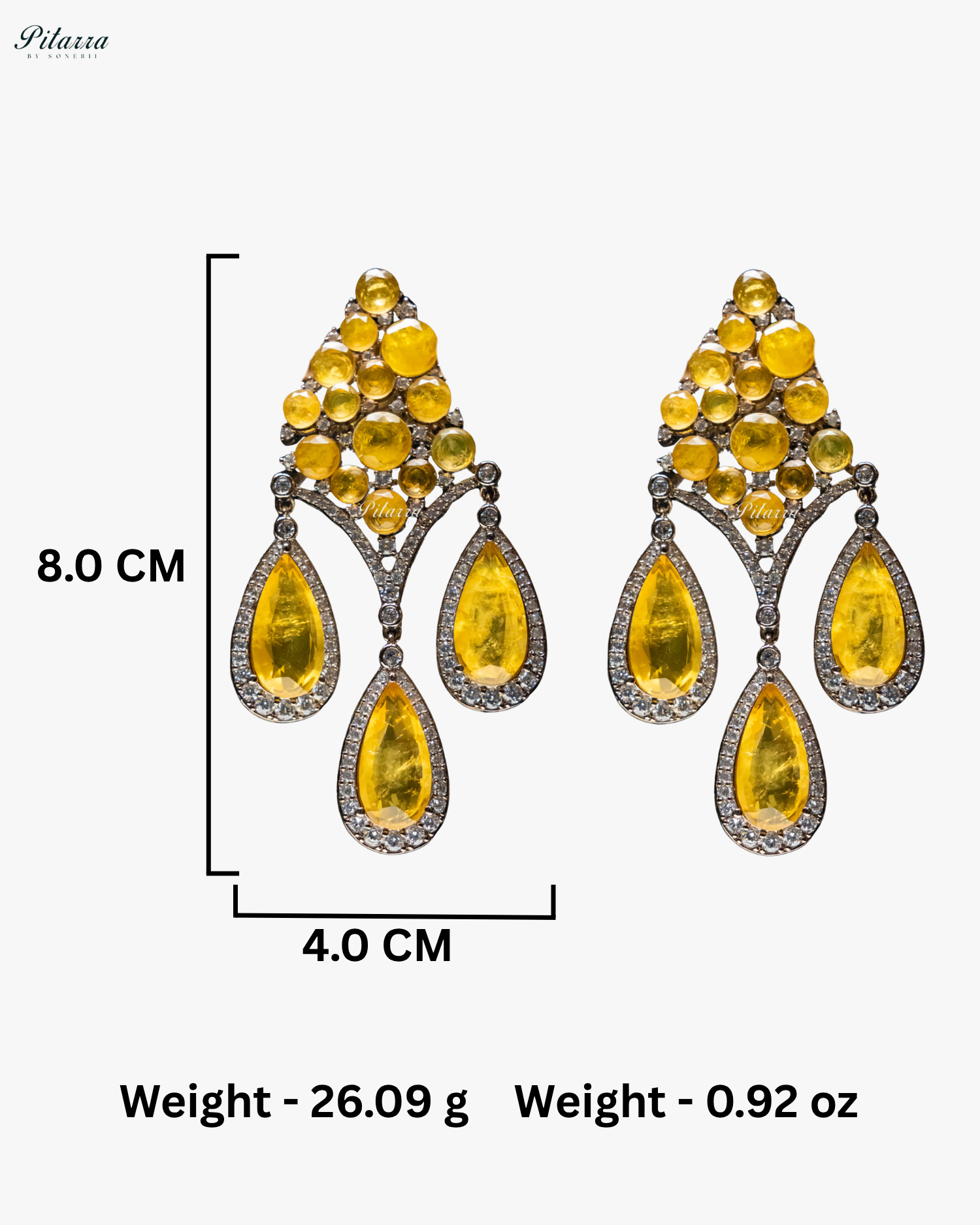 Yellow Stone Three Teardrop Silver Finish CZ Crystal Dangler Earrings