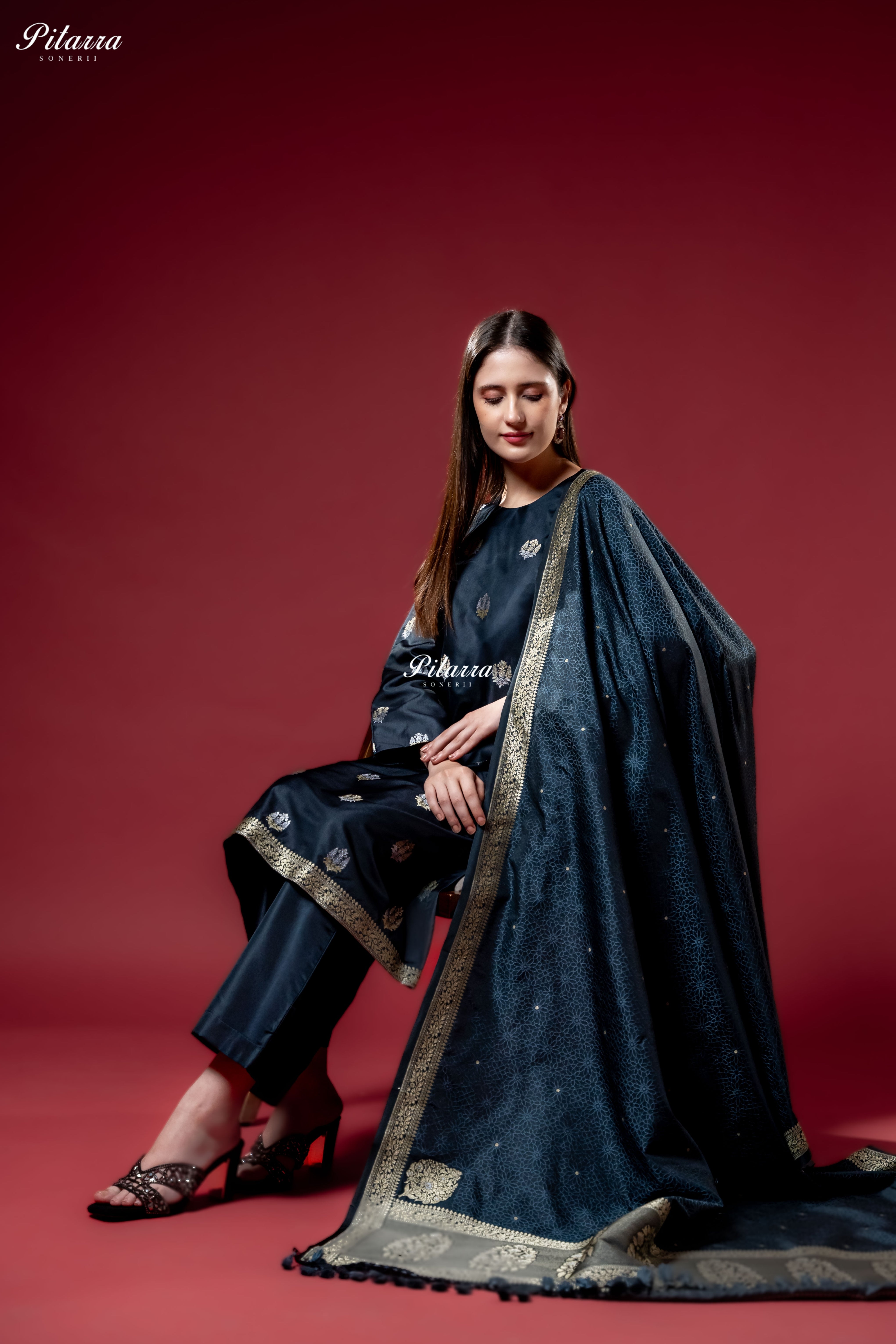Navy Blue Gold Zari Butti Kurta Set with Dupatta