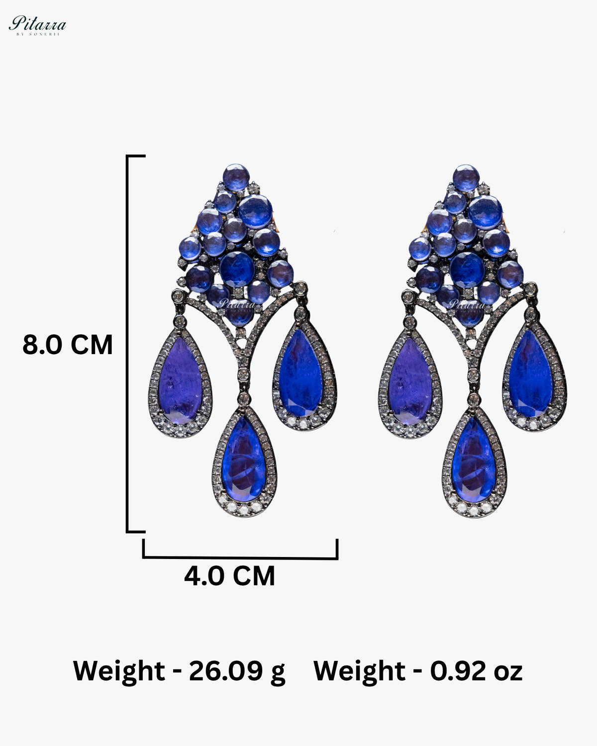 Blue Stone Three Teardrop Silver Finish CZ Crystal Dangler Earrings