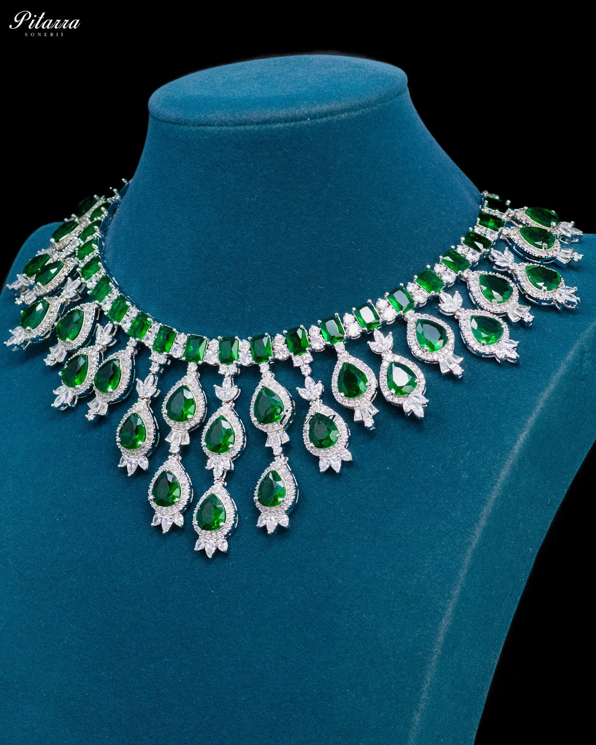 Emerald Green Pear Cut Stone Zircon Silver Crystal Drop Necklace Set