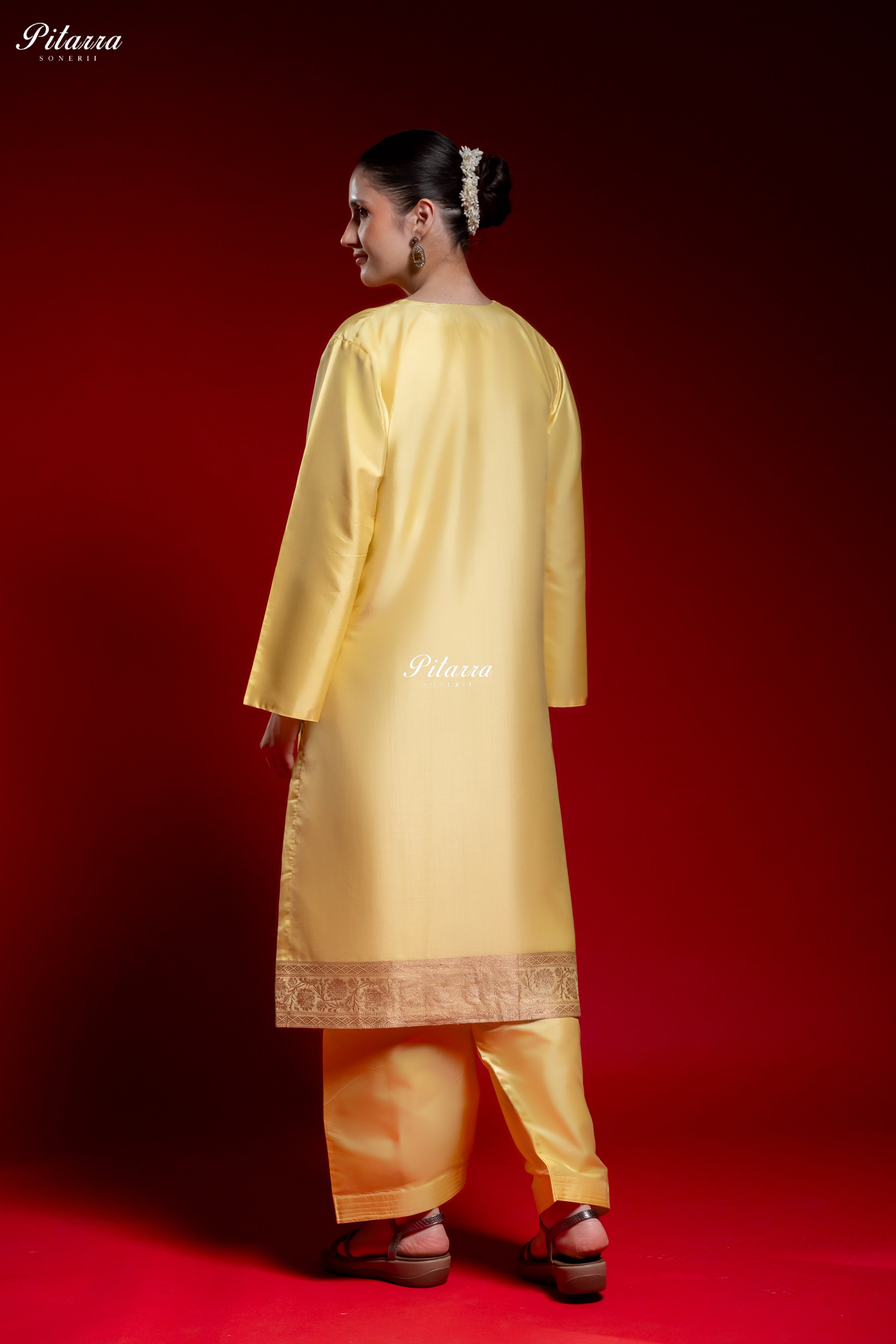 Golden Yellow Silk Kurta Set with Black Banarasi Dupatta