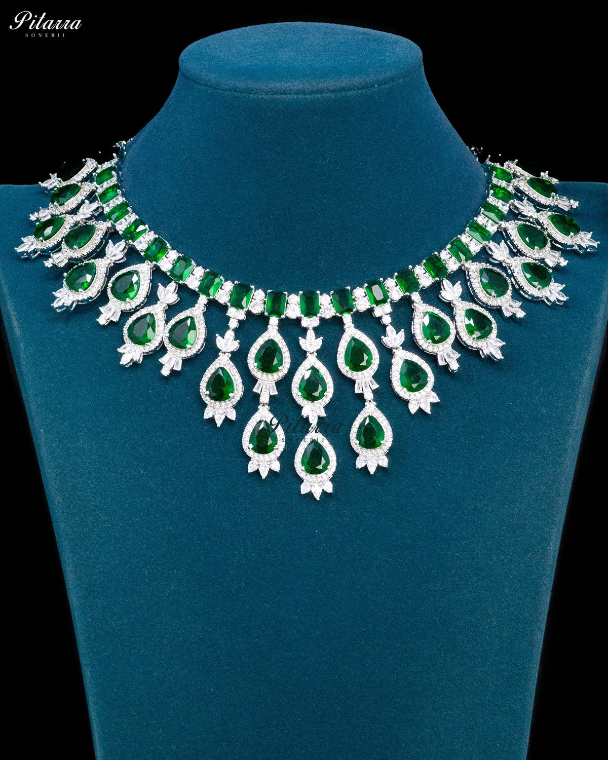Emerald Green Pear Cut Stone Zircon Silver Crystal Drop Necklace Set