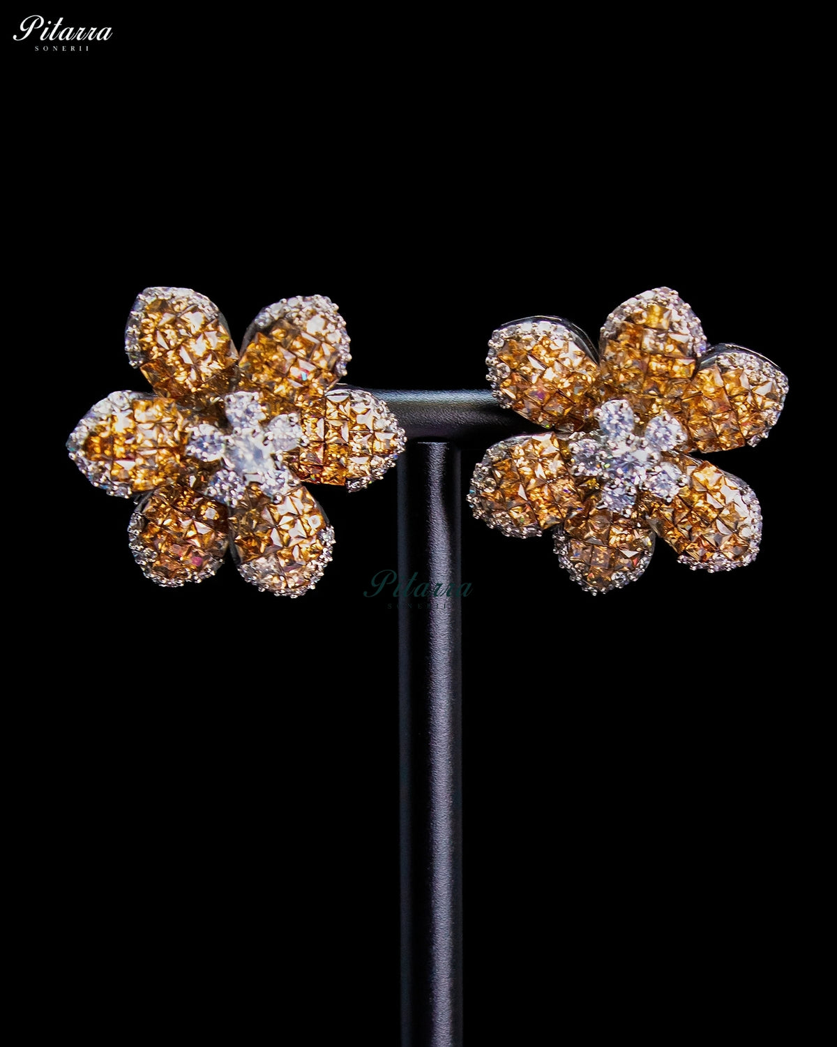 Golden Amber Crystal Flower Stud Earrings