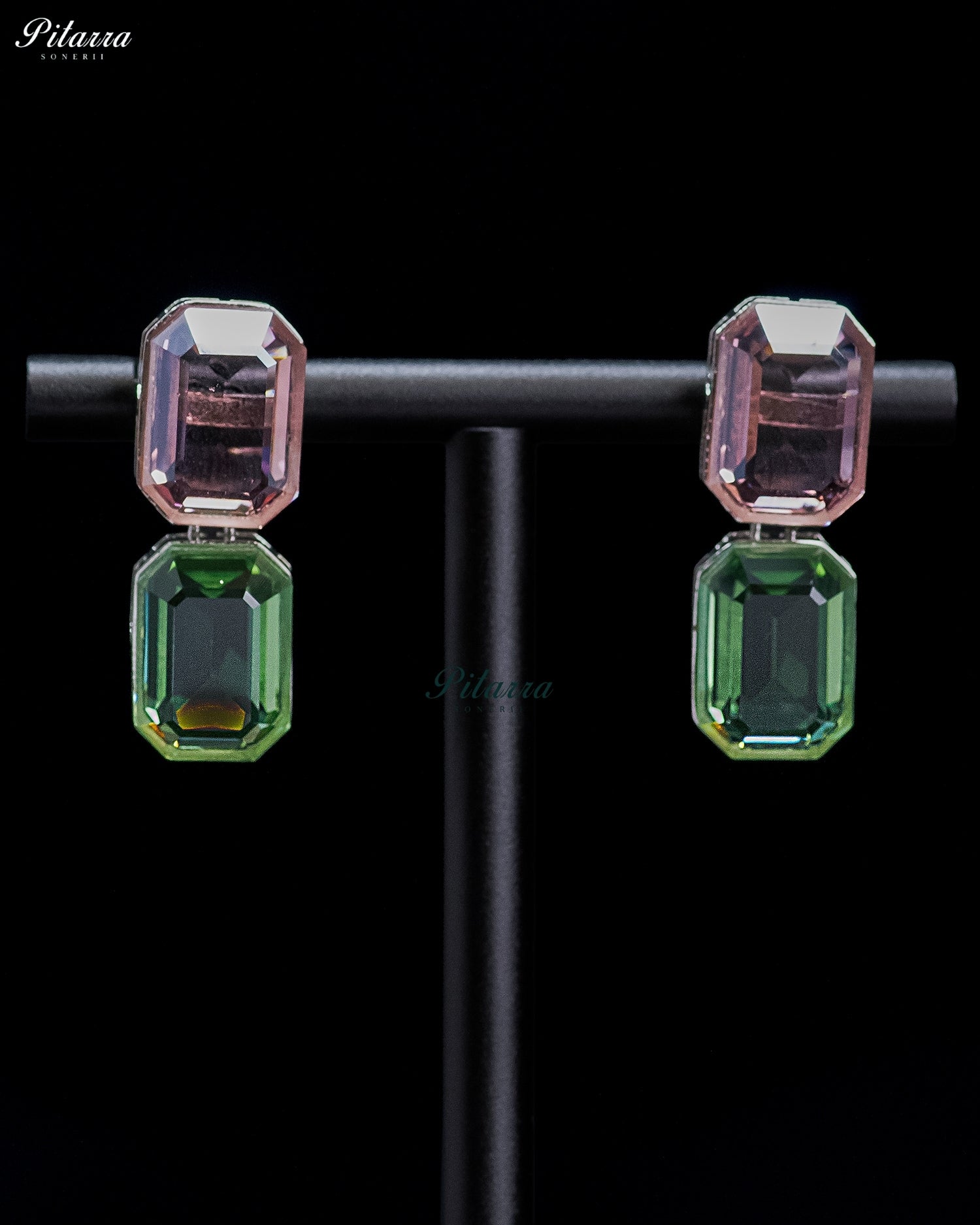 Pink and Green Emerald-Cut Crystal Drop Earrings