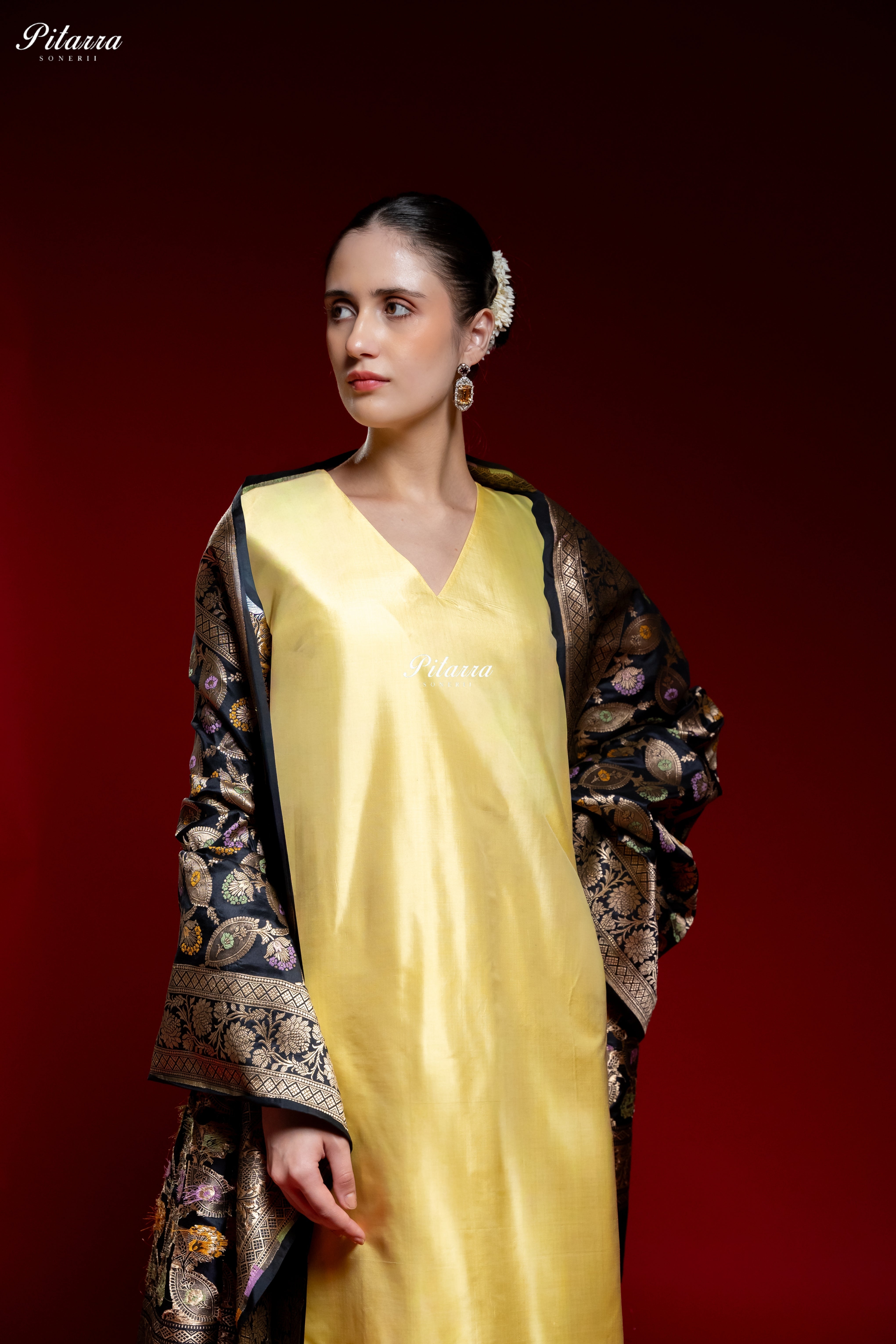 Golden Yellow Silk Kurta Set with Black Banarasi Dupatta