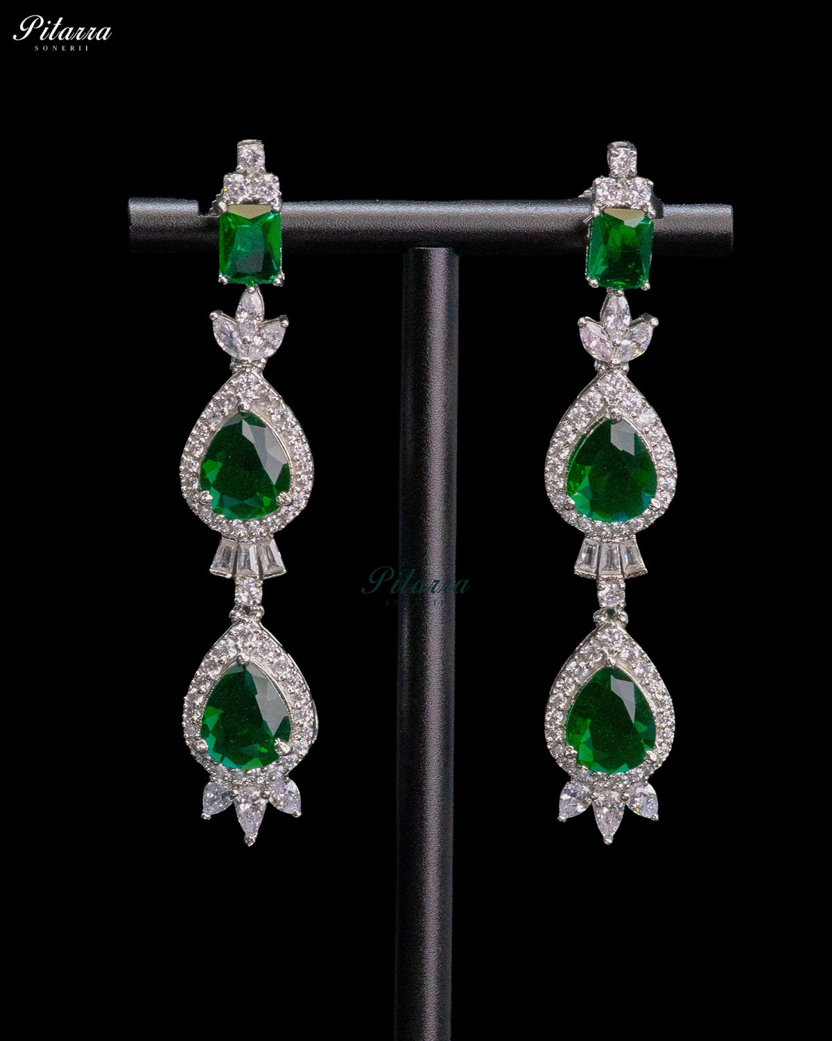 Emerald Green Pear Cut Stone Zircon Silver Crystal Drop Necklace Set