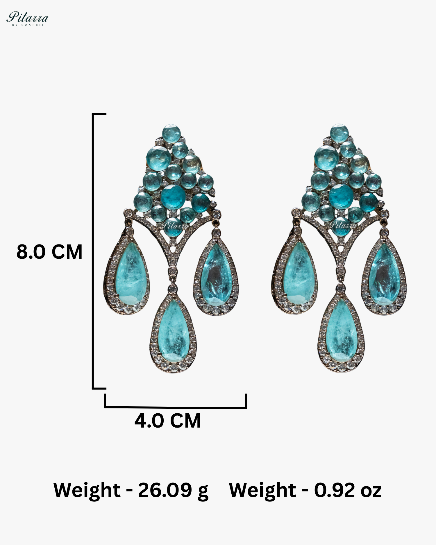 Turquoise Stone Three Teardrop Silver Finish CZ Doublet Dangler Earrings