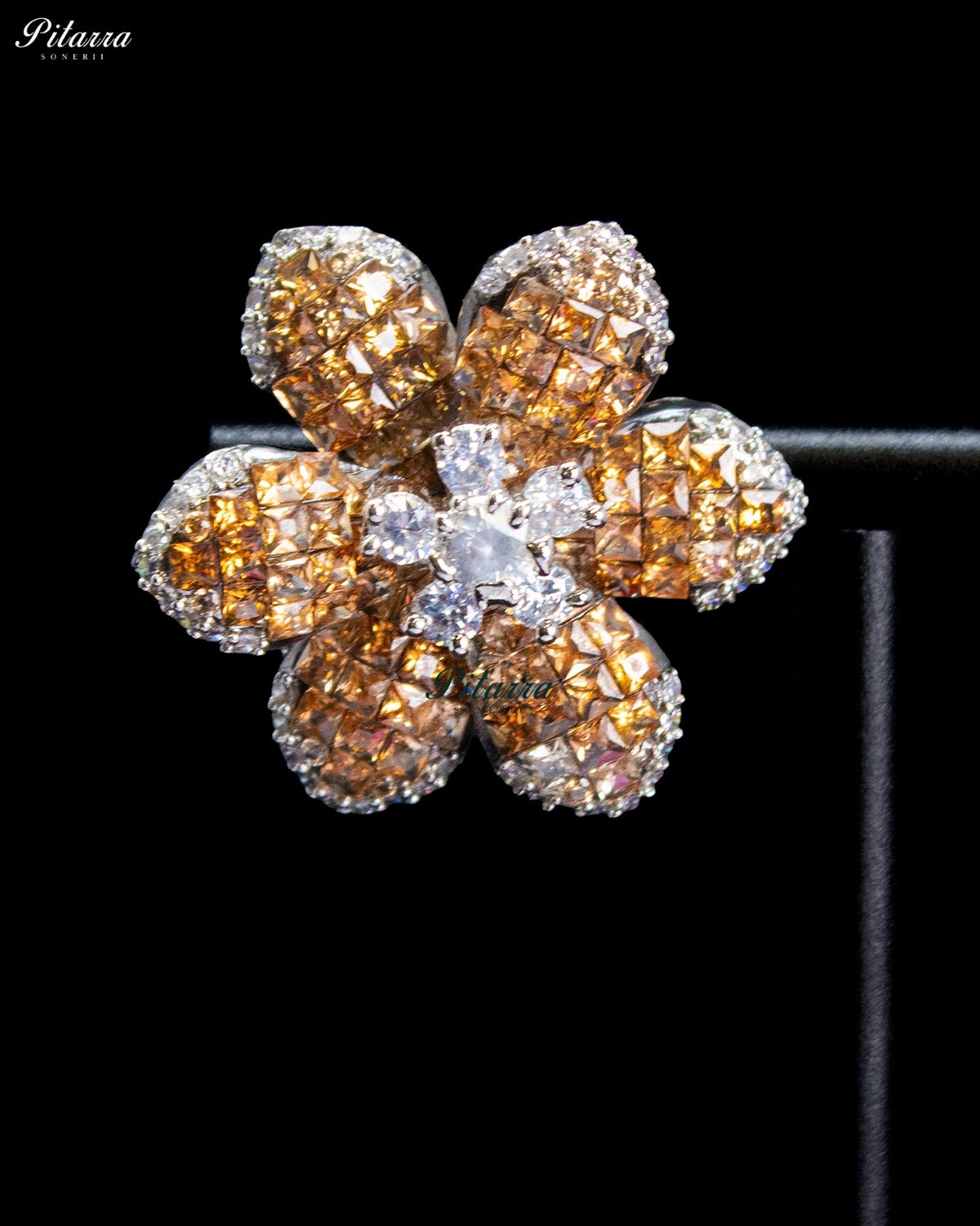 Golden Amber Crystal Flower Stud Earrings