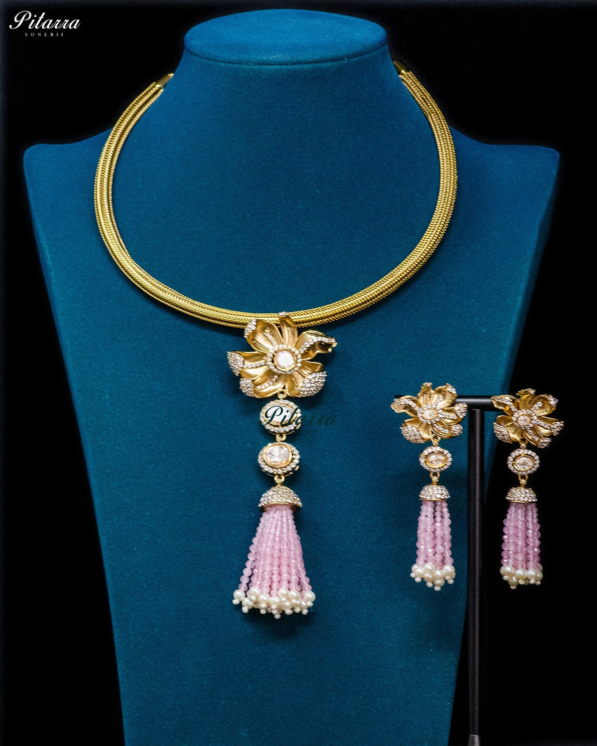 Light Pink Gold Floral Pink Tassel Necklace Set