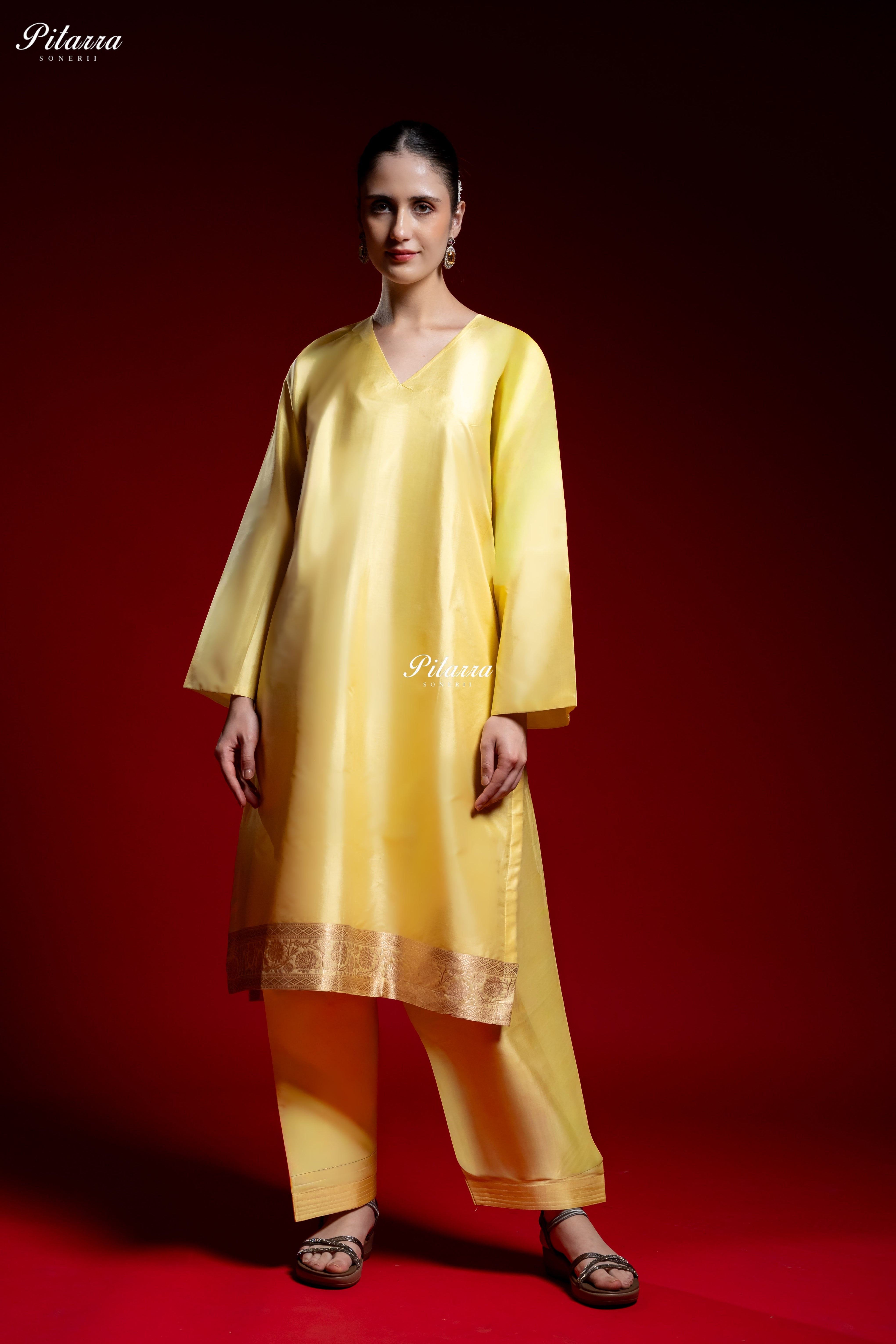 Golden Yellow Silk Kurta Set with Black Banarasi Dupatta