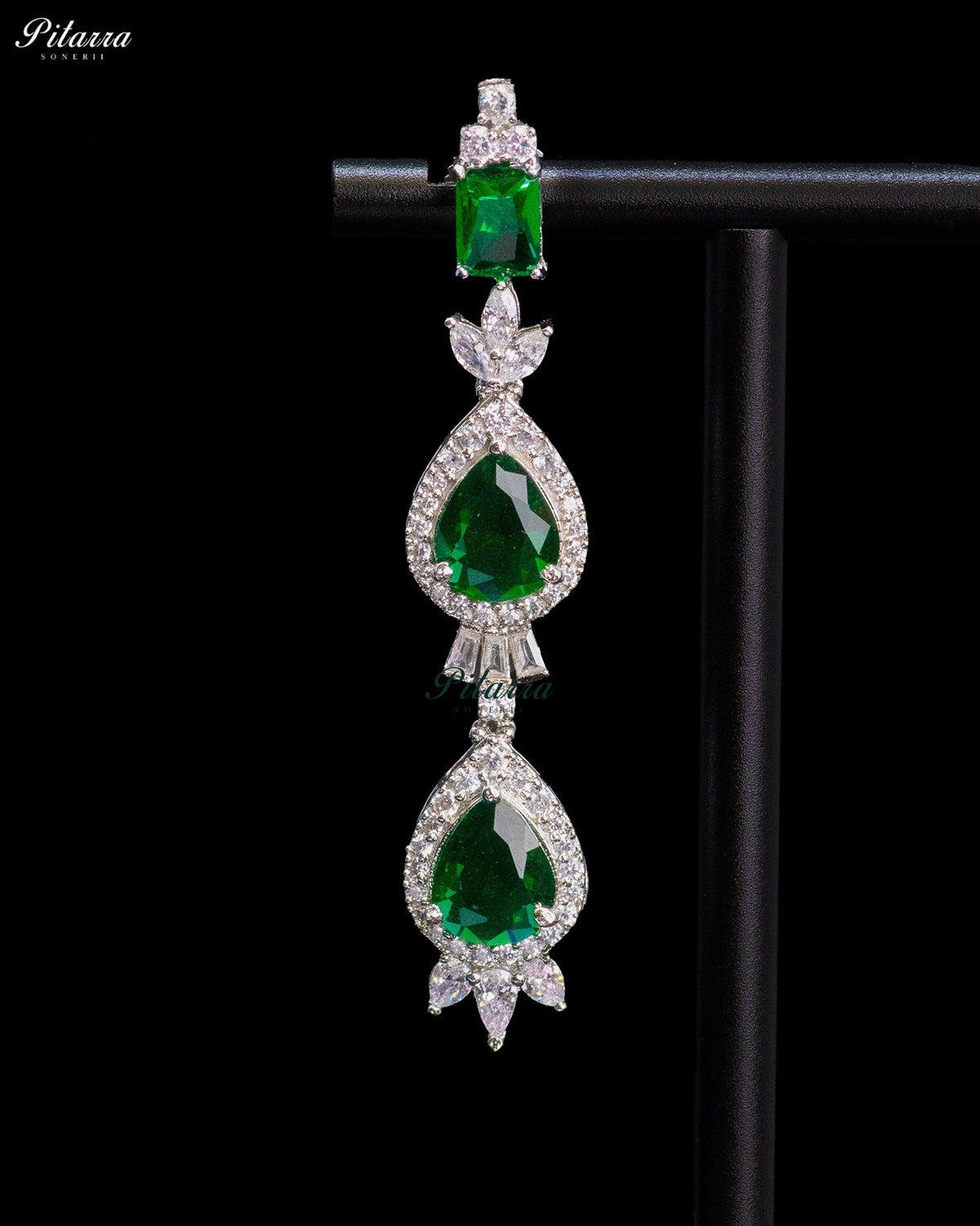 Emerald Green Pear Cut Stone Zircon Silver Crystal Drop Necklace Set