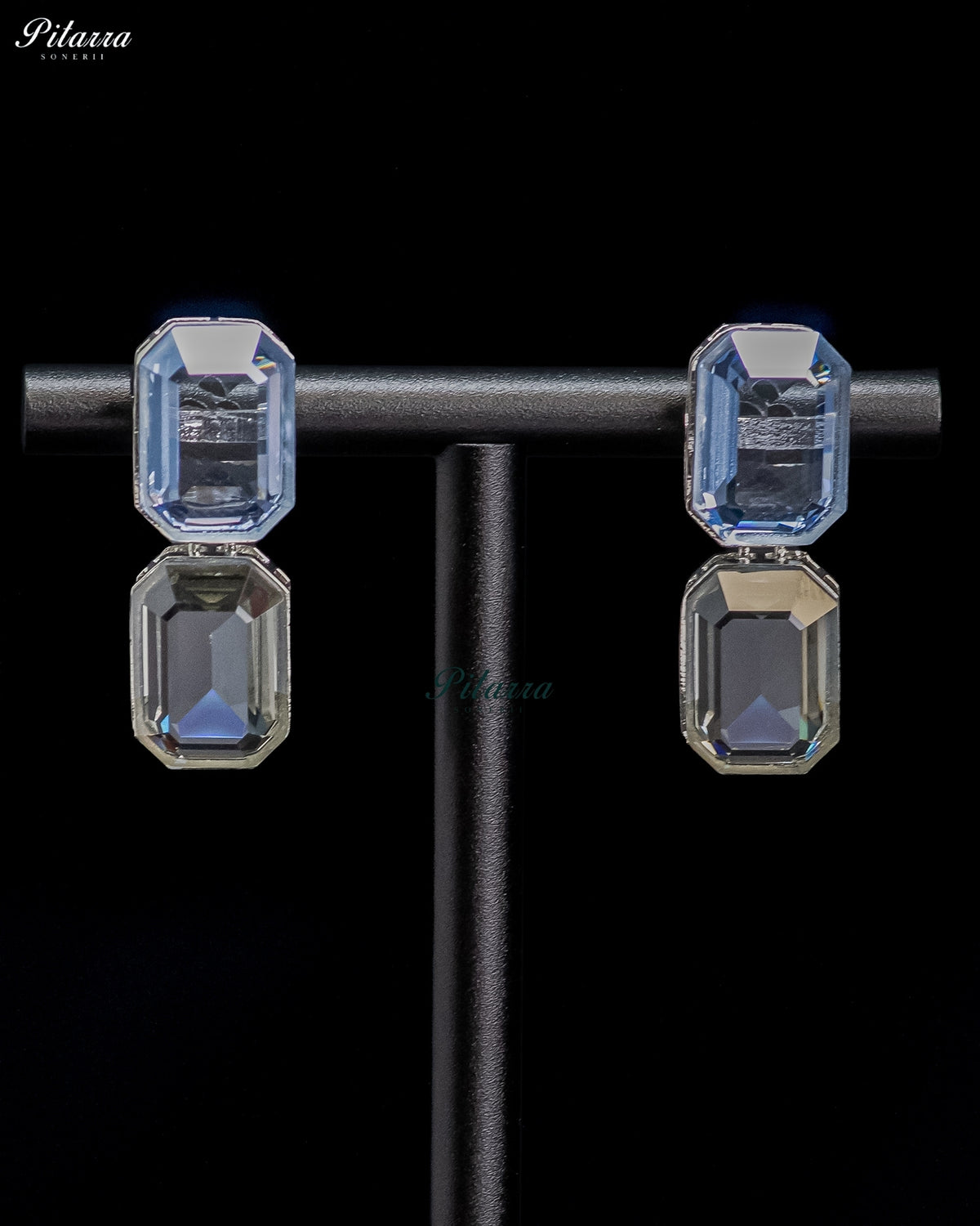 Blue and Smoky Grey Emerald-Cut Crystal Drop Earrings
