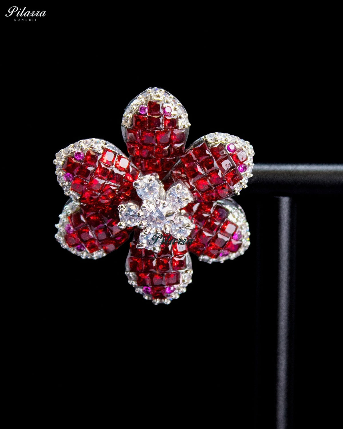 Ruby Red Crystal Flower Stud Earrings
