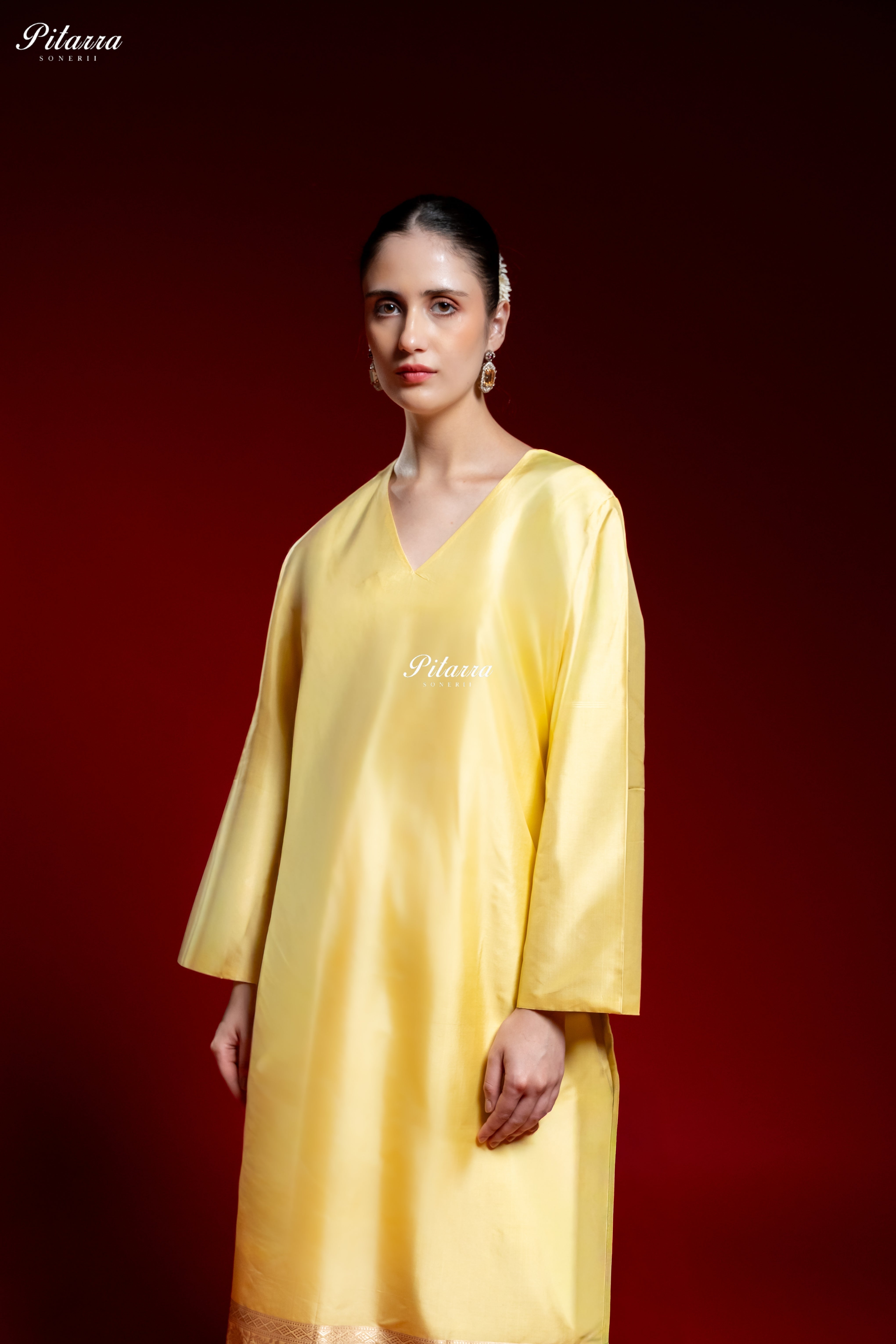 Golden Yellow Silk Kurta Set with Black Banarasi Dupatta
