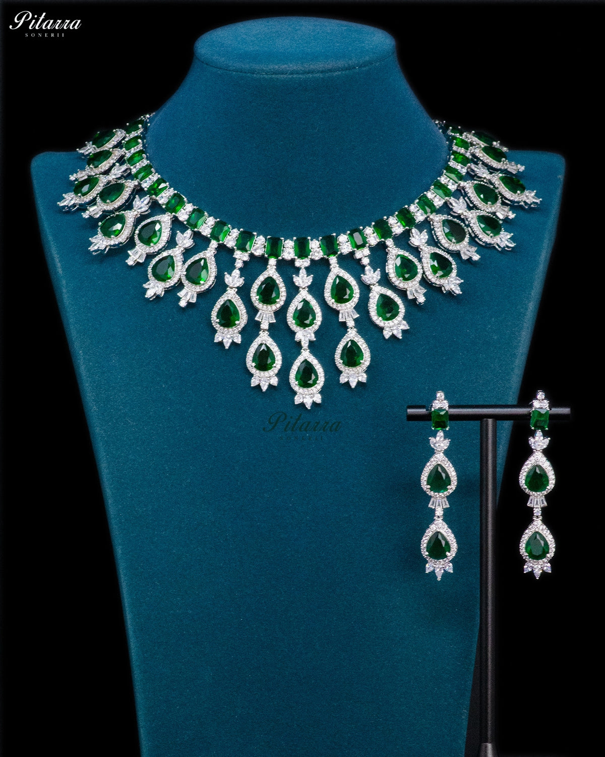 Emerald Green Pear Cut Stone Zircon Silver Crystal Drop Necklace Set